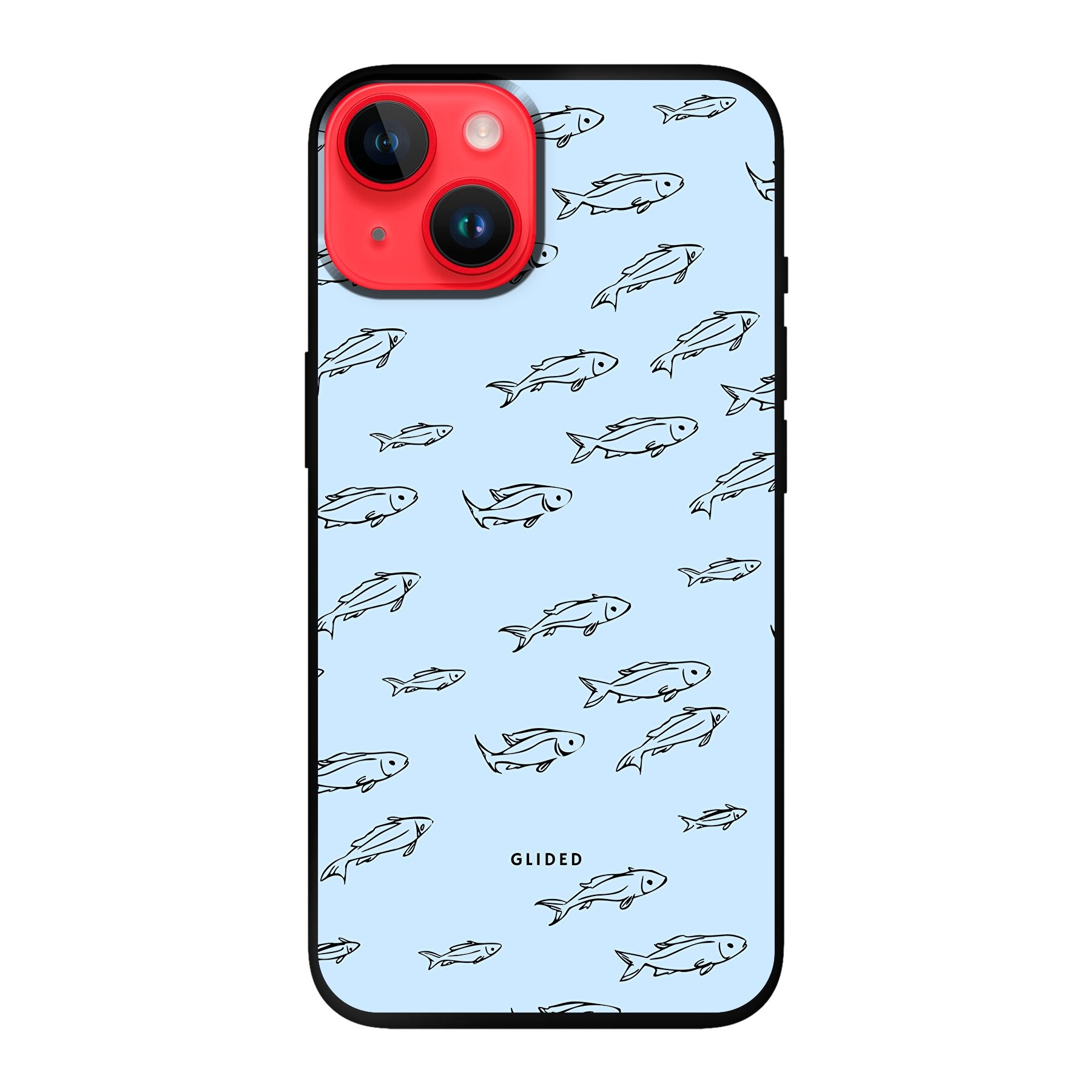 Fishy iPhone 14 Handyhülle mit bunten Fischen auf einem hellen Hintergrund, bietet Schutz und Stil.