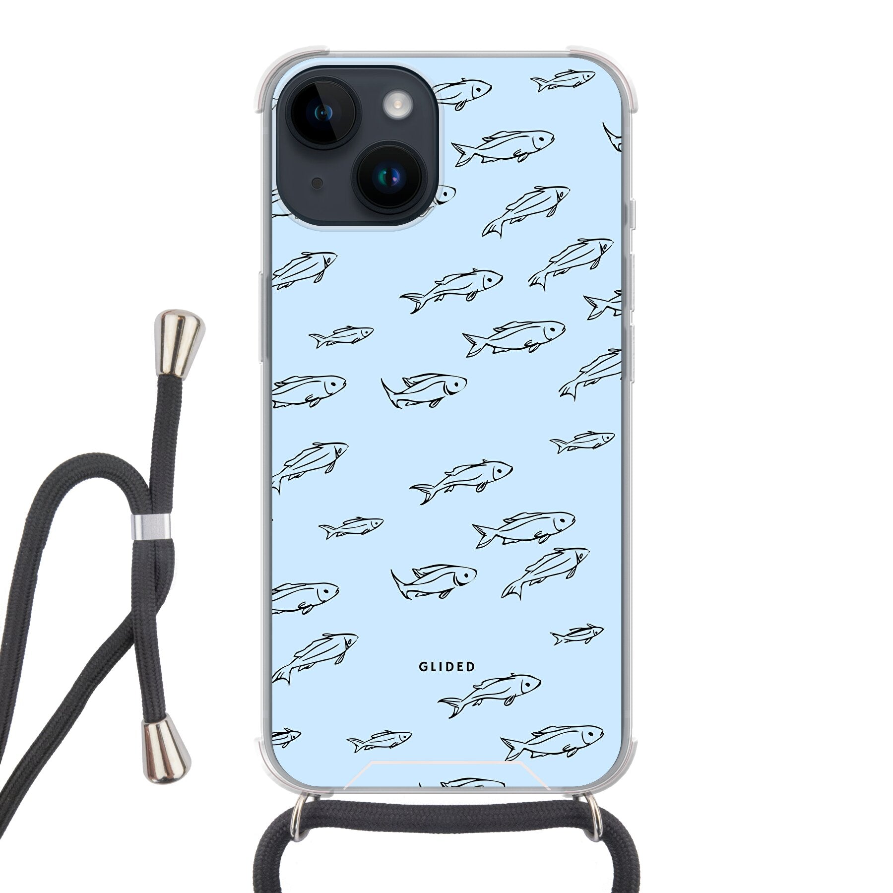 Fishy iPhone 14 Handyhülle mit bunten Fischen auf einem hellen Hintergrund, bietet Schutz und Stil.