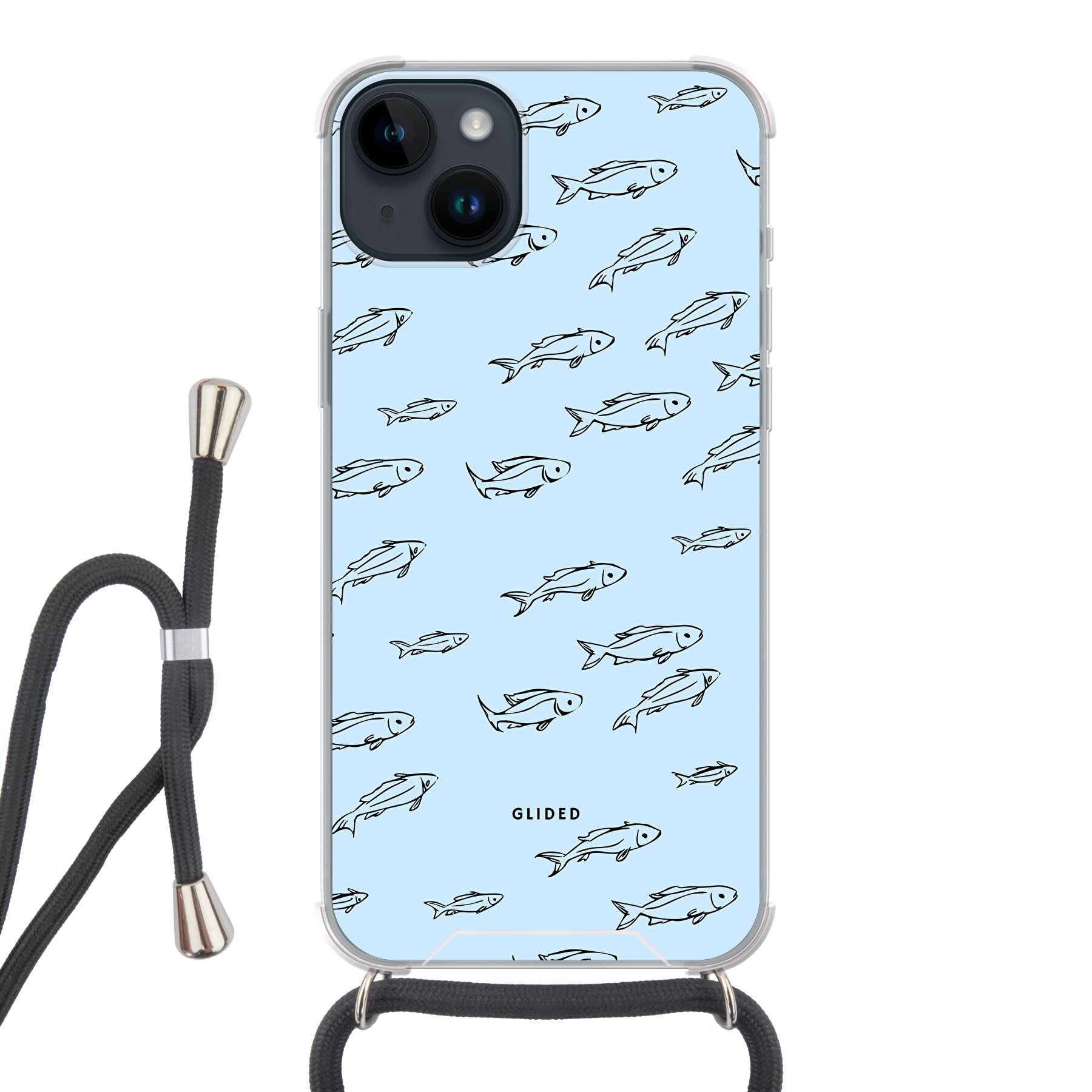 Fishy iPhone 14 Plus Handyhülle mit bunten Fischen auf einem hellen Hintergrund, bietet Schutz und Stil.