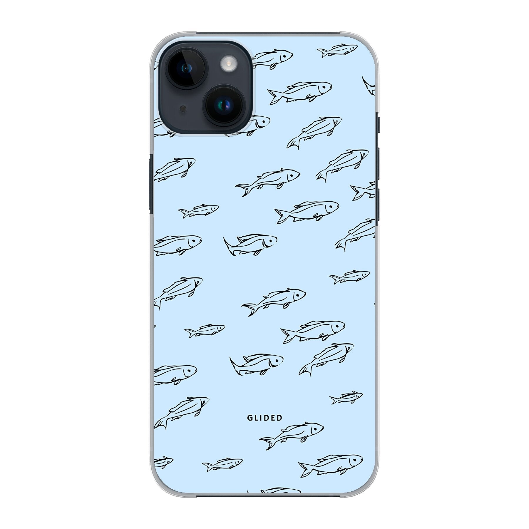 Fishy iPhone 14 Plus Handyhülle mit bunten Fischen auf einem hellen Hintergrund, bietet Schutz und Stil.