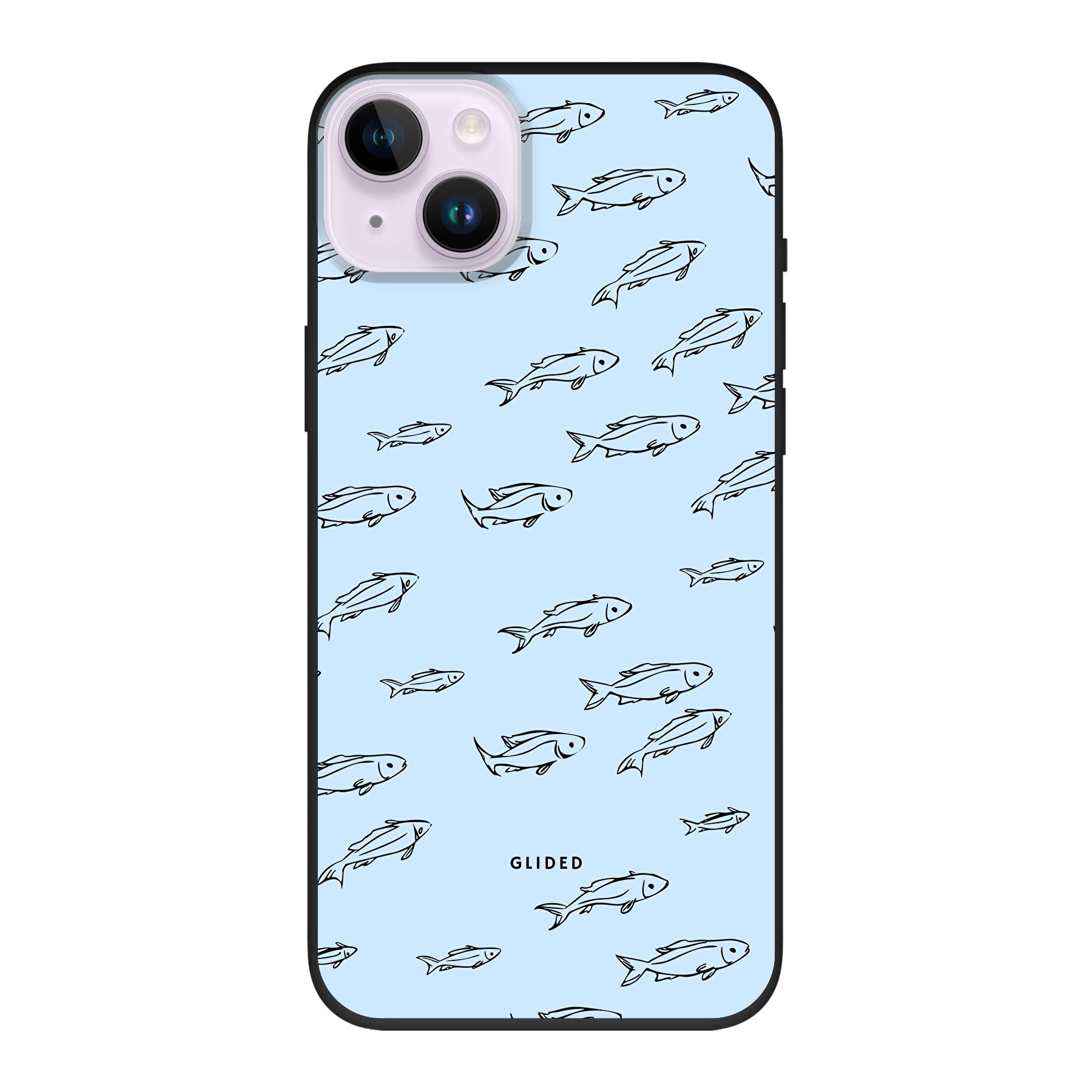 Fishy iPhone 14 Plus Handyhülle mit bunten Fischen auf einem hellen Hintergrund, bietet Schutz und Stil.