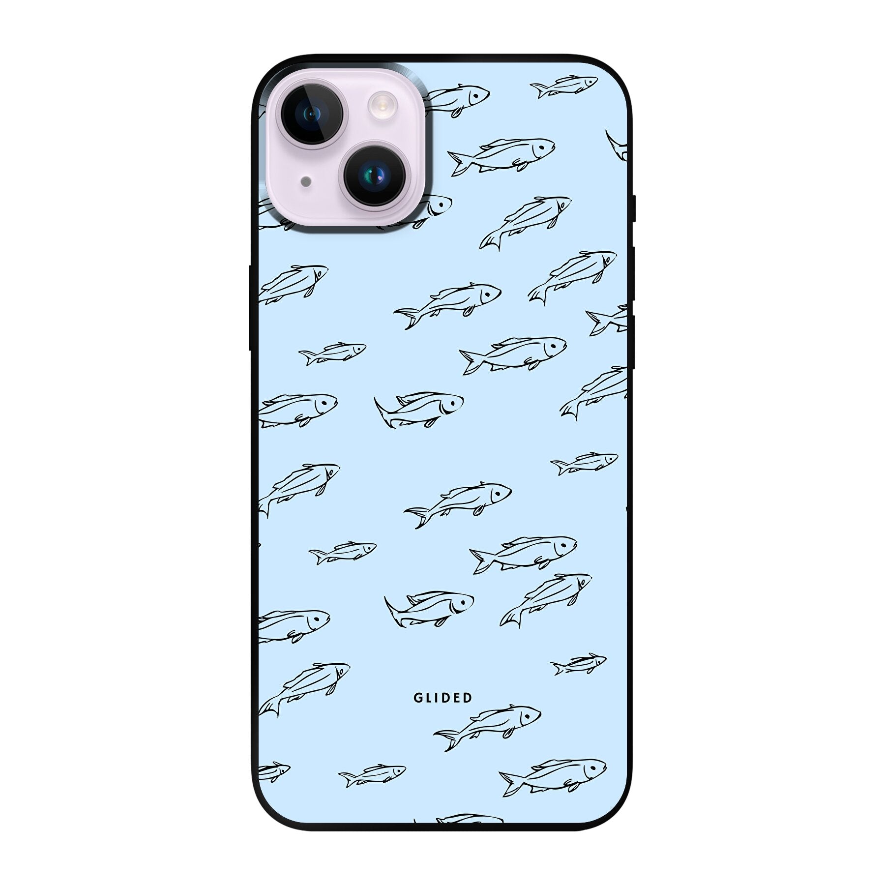 Fishy iPhone 14 Plus Handyhülle mit bunten Fischen auf einem hellen Hintergrund, bietet Schutz und Stil.