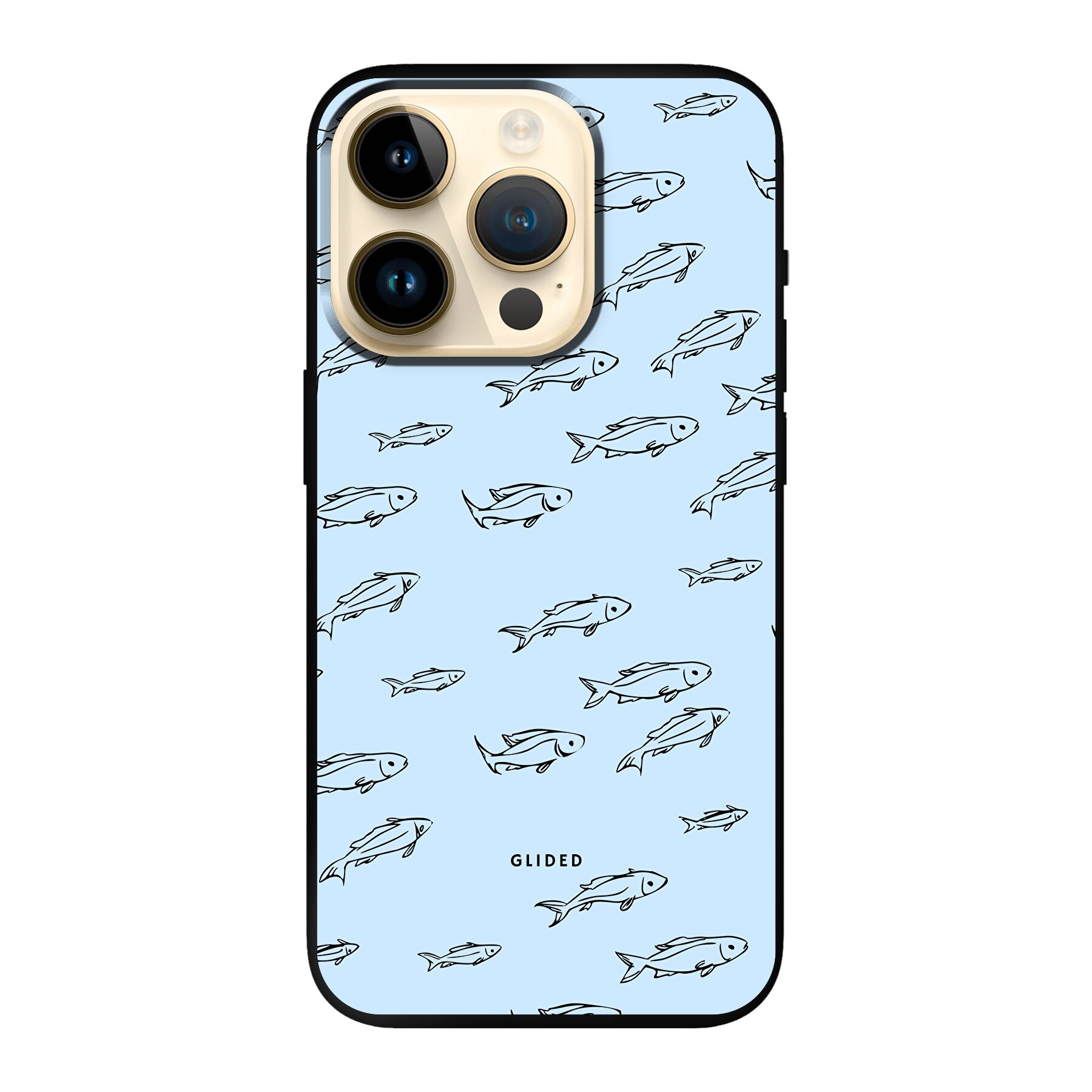 Fishy iPhone 14 Pro Handyhülle mit bunten Fischen auf hellem Hintergrund, bietet Schutz und Stil.