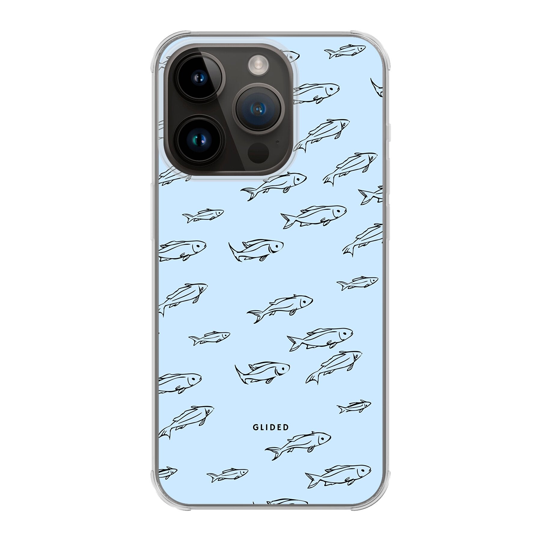 Fishy iPhone 14 Pro Handyhülle mit bunten Fischen auf hellem Hintergrund, bietet Schutz und Stil.