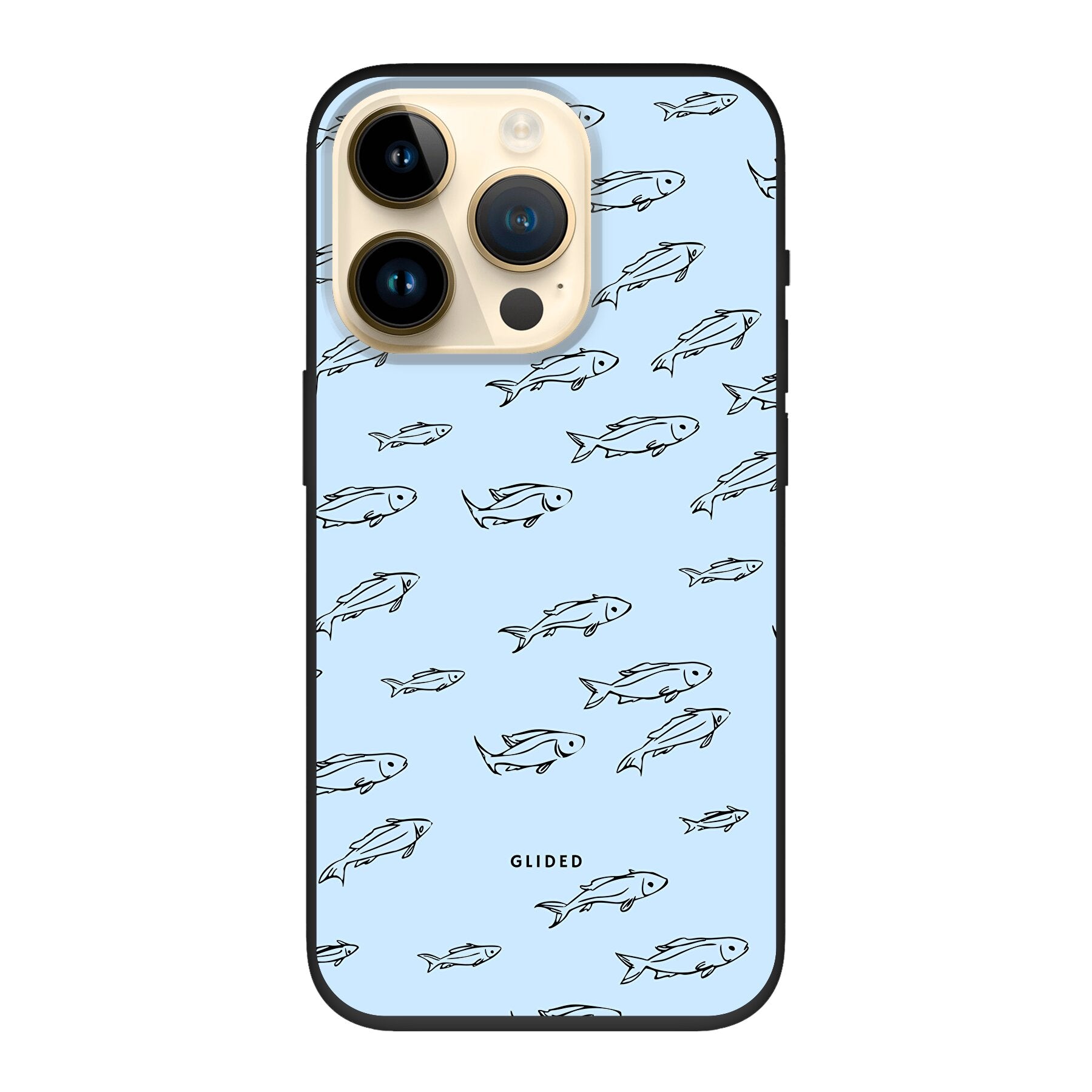 Fishy iPhone 14 Pro Handyhülle mit bunten Fischen auf hellem Hintergrund, bietet Schutz und Stil.