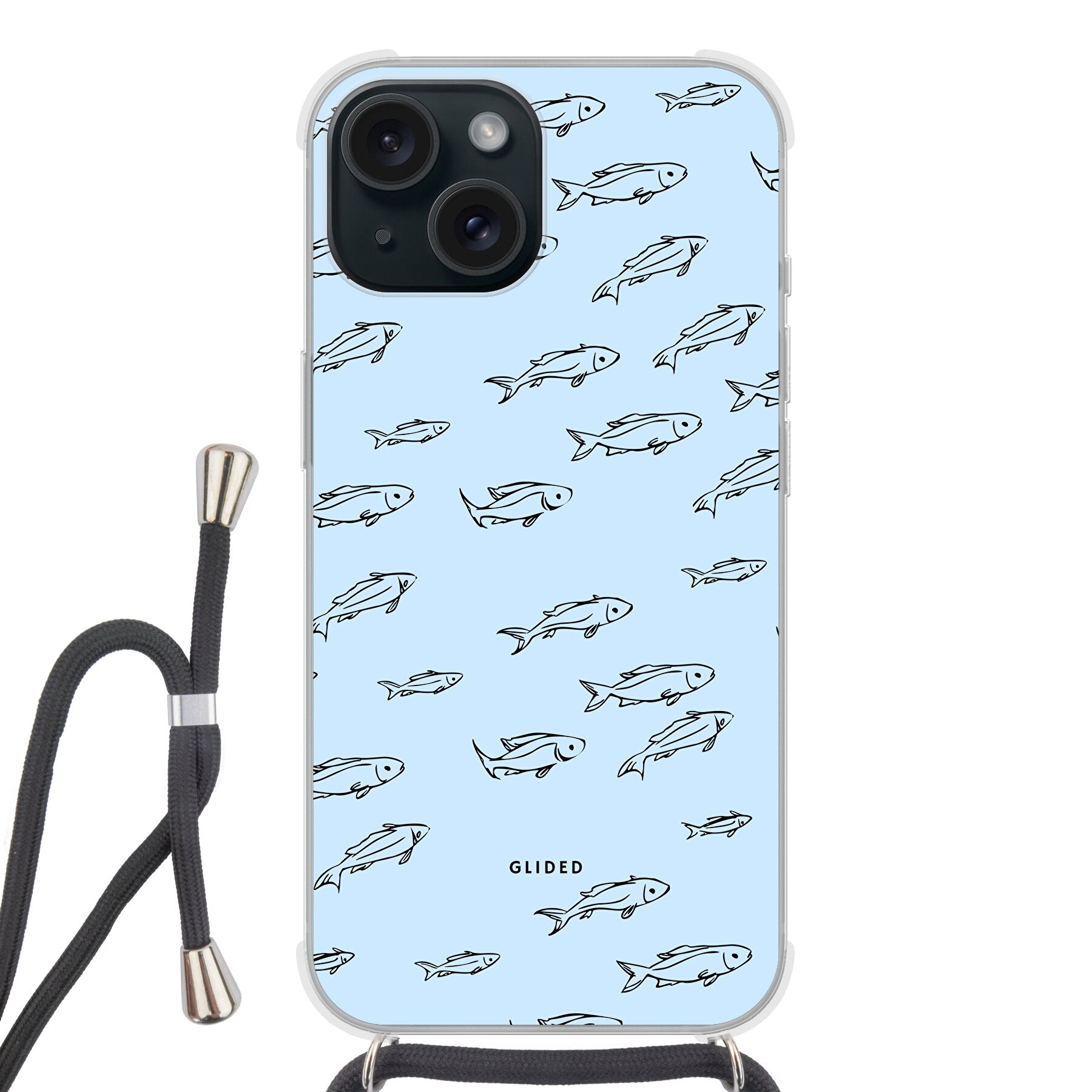 Fishy iPhone 15 Handyhülle mit bunten Fischen auf einem hellen Hintergrund, bietet stilvollen Schutz und einzigartiges Design.