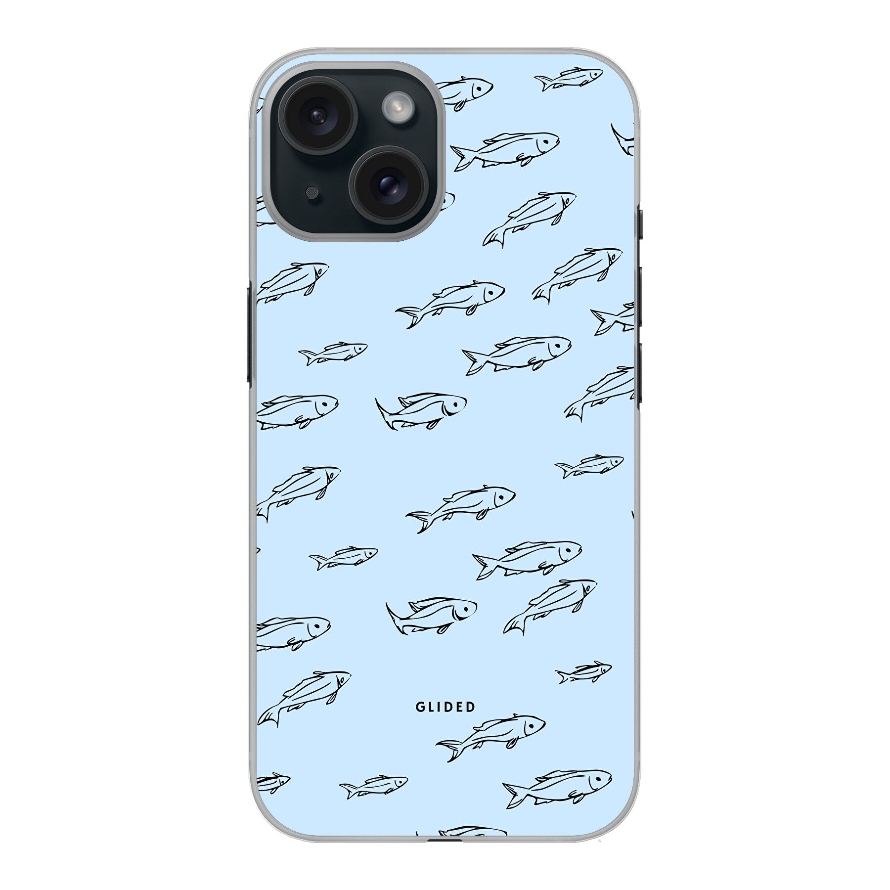 Fishy iPhone 15 Handyhülle mit bunten Fischen auf einem hellen Hintergrund, bietet stilvollen Schutz und einzigartiges Design.