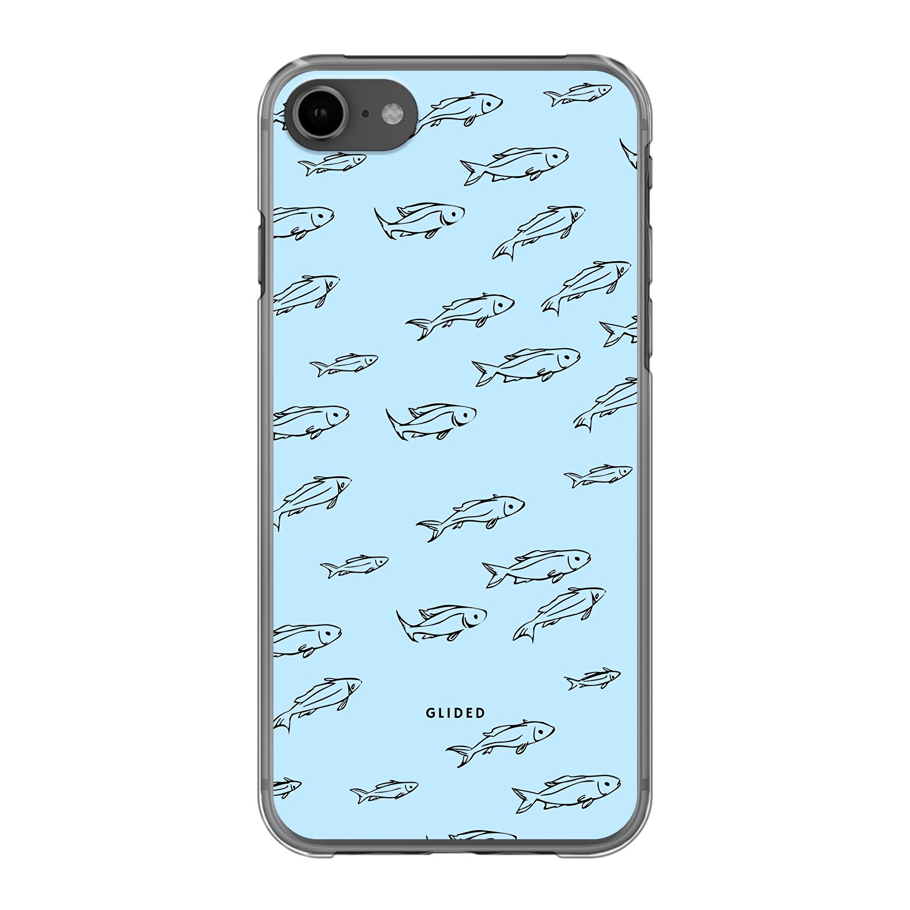 Fishy iPhone 7 Handyhülle mit bunten Fischen auf hellem Hintergrund, bietet Schutz und Stil.