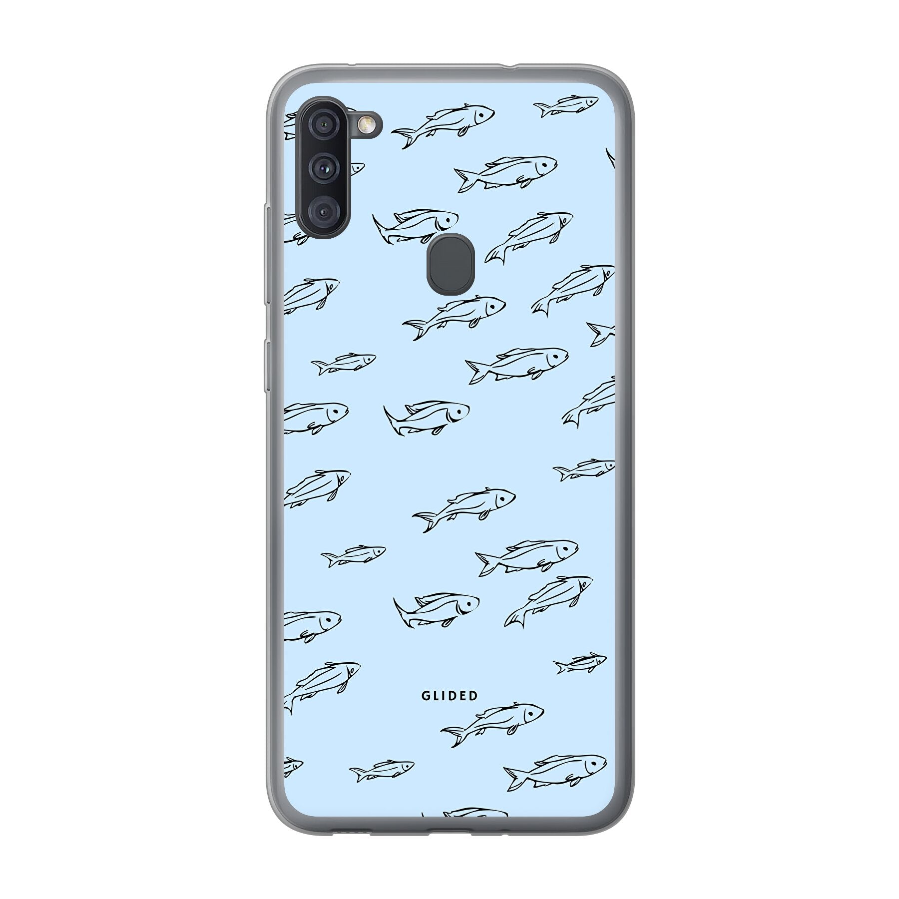 Fishy Handyhülle für Samsung Galaxy A11 mit bunten Fischen auf einem hellen Hintergrund, bietet Schutz und Stil.