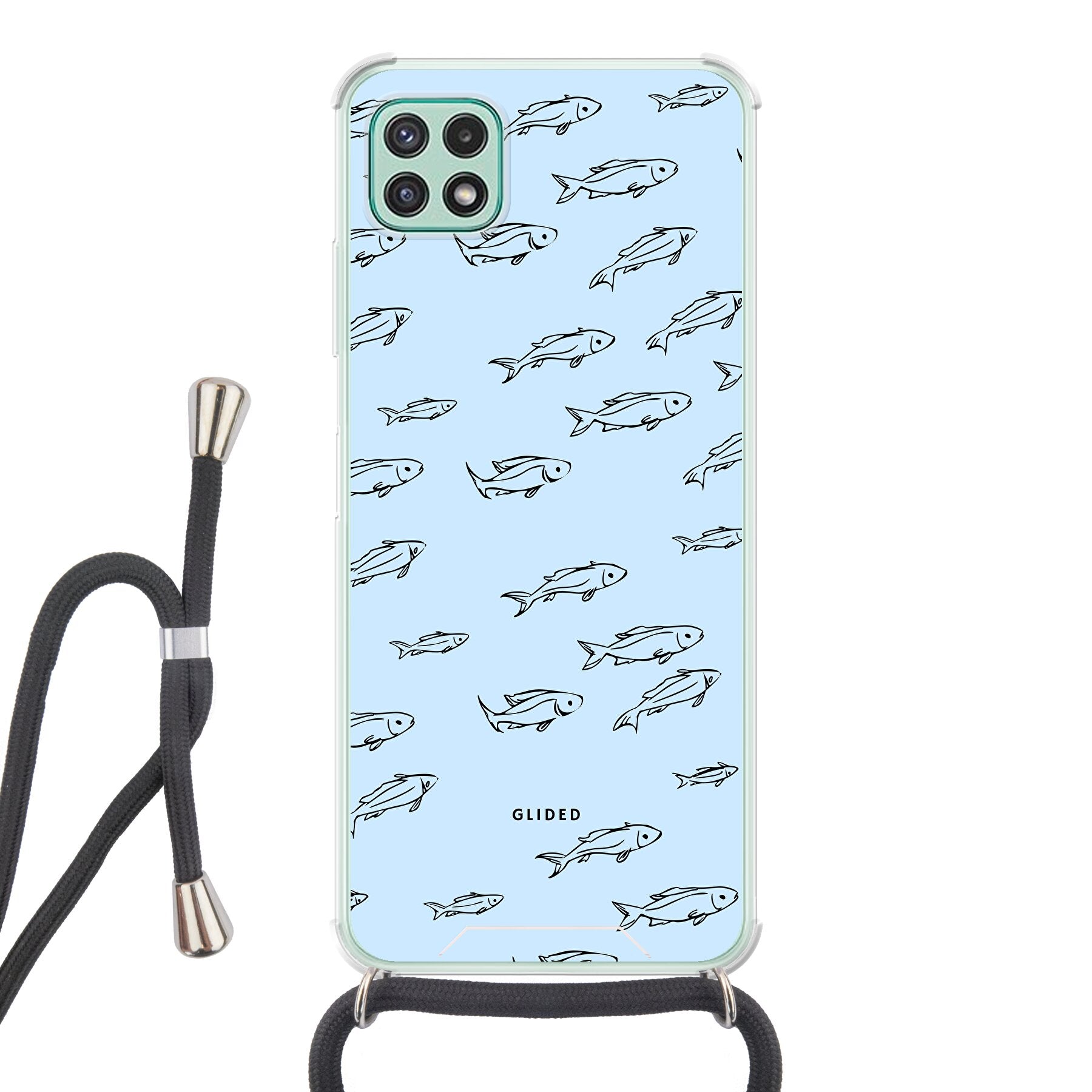 Fishy Handyhülle für Samsung Galaxy A22 5G mit bunten Fischen auf einem charmanten Hintergrund, bietet Schutz und Stil.