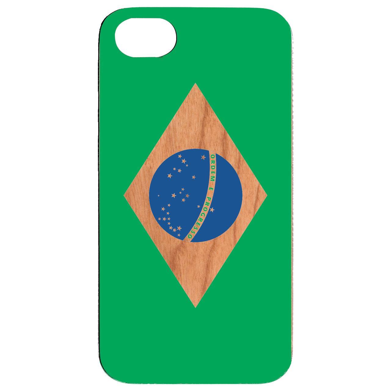 Flag Brazil UV Color Printed phone case showcasing vibrant colors and wooden texture.