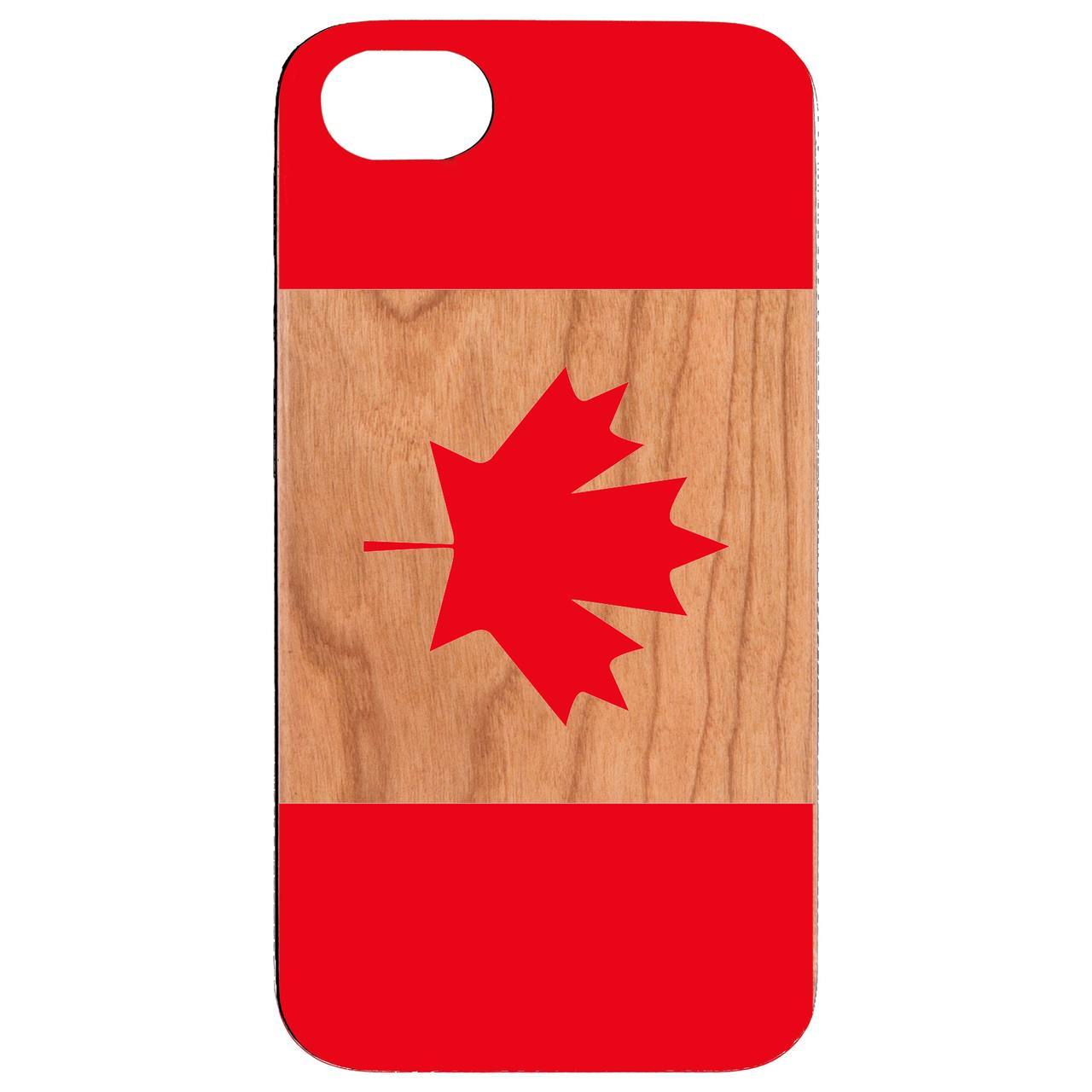 Flag Canada UV Color Printed phone case showcasing vibrant colors and wooden texture, designed for iPhone and Samsung models.