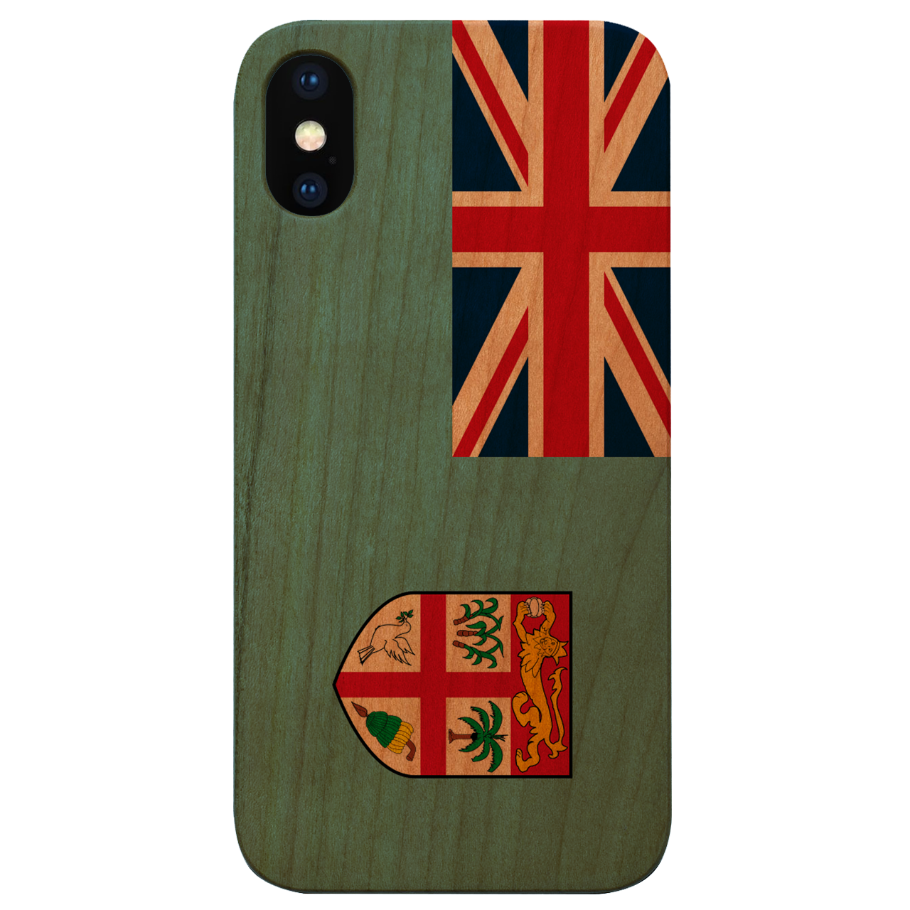 Flag Fiji UV Color Printed phone case showcasing vibrant design and natural wood finish, ideal for smartphone protection.