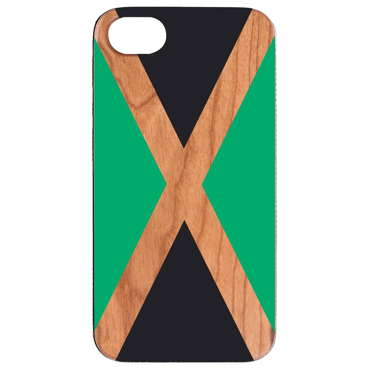 Flag Jamaica UV Color Printed phone case showcasing vibrant colors and natural wood texture.