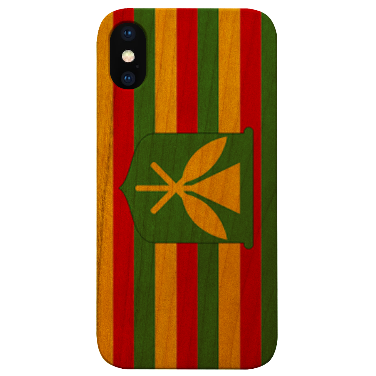 Flag Kanaka Maoli UV Color Printed phone case showcasing vibrant design and natural wood texture.