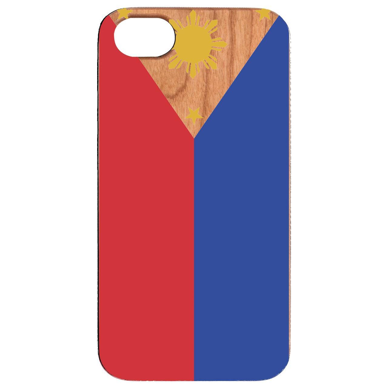 Flag Philippines UV Color Printed phone case showcasing vibrant designs on a natural wood surface with protective features.