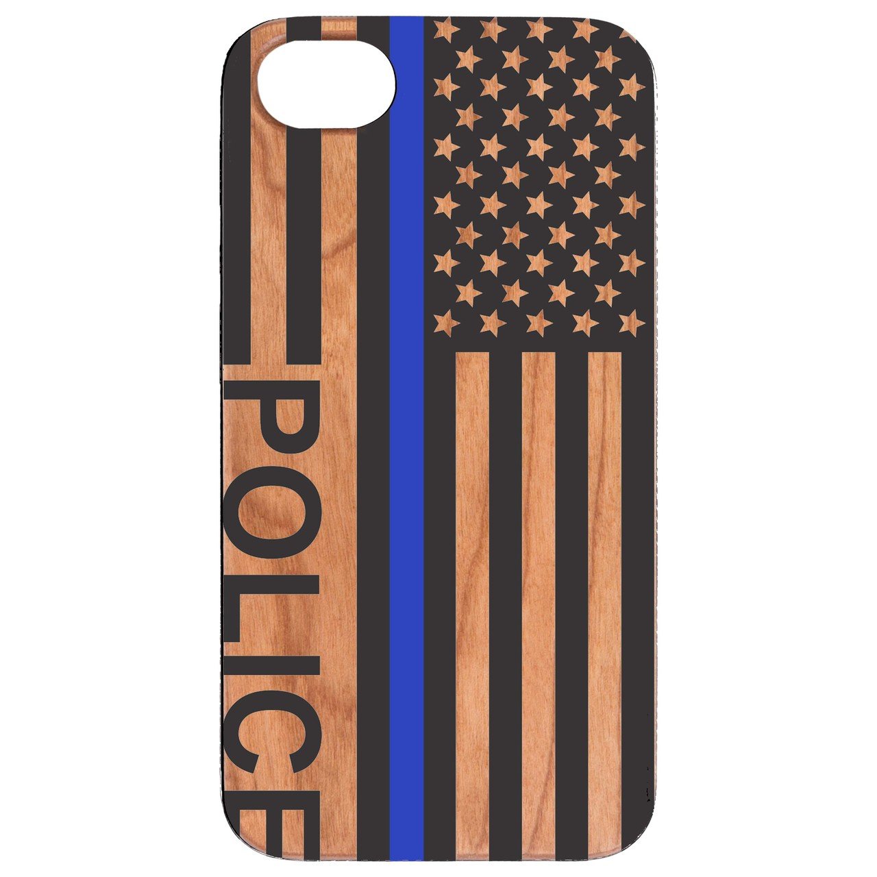 Flag Police 2 wooden phone case with UV color printed design, showcasing vibrant colors and natural wood texture.