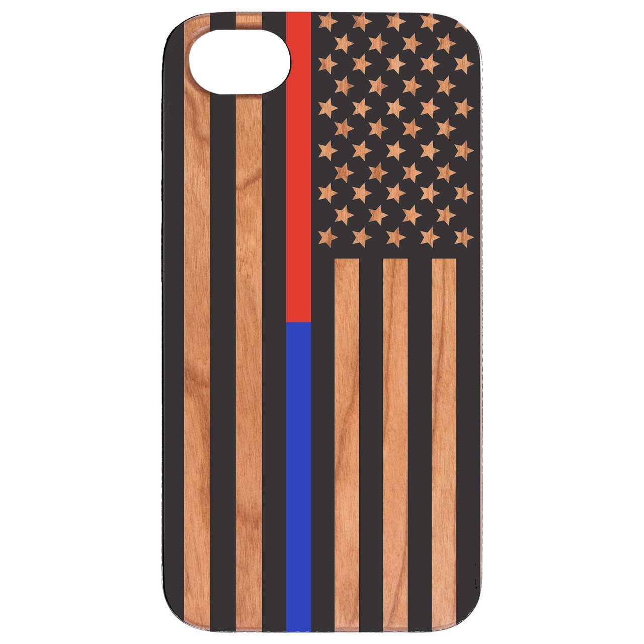 Flag Police 3 phone case featuring UV color printed designs on a natural wood surface, showcasing its unique style and durability.