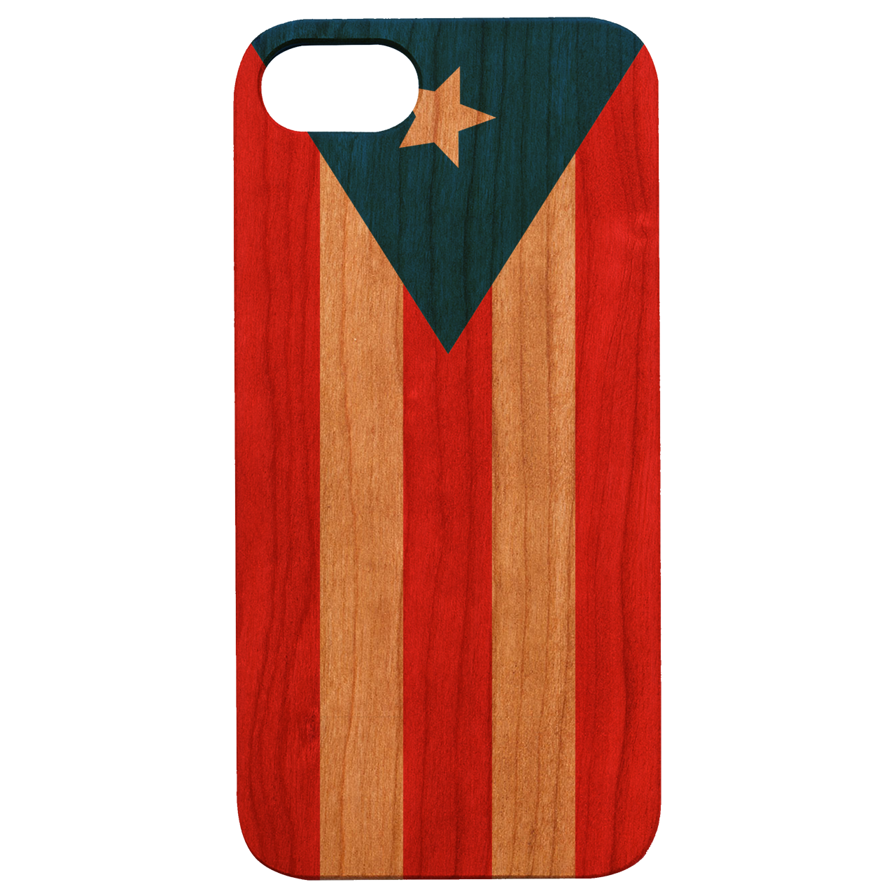 UV color printed phone case featuring the Puerto Rico flag design, showcasing vibrant colors and a wooden texture.