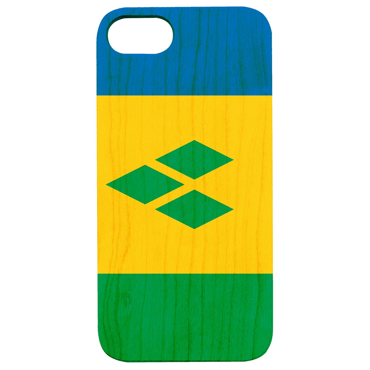 Flag St Vincent UV Color Printed phone case showcasing vibrant colors and natural wood texture.