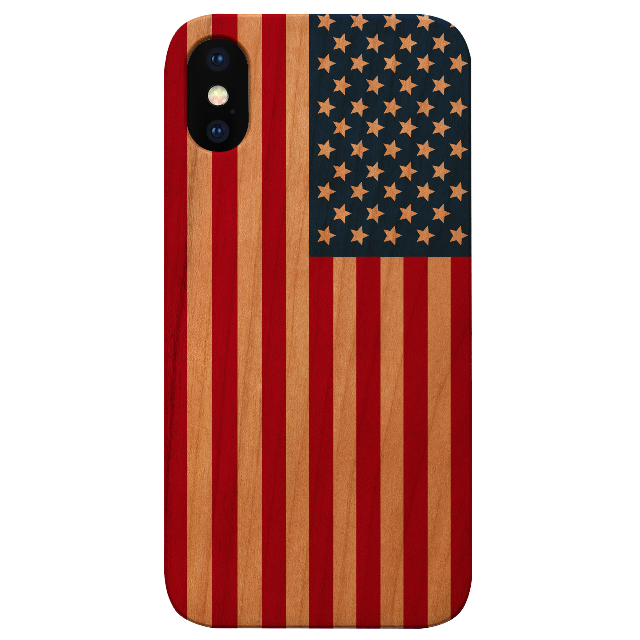 Flag USA UV Color Printed phone case showcasing vibrant design and natural wood finish.