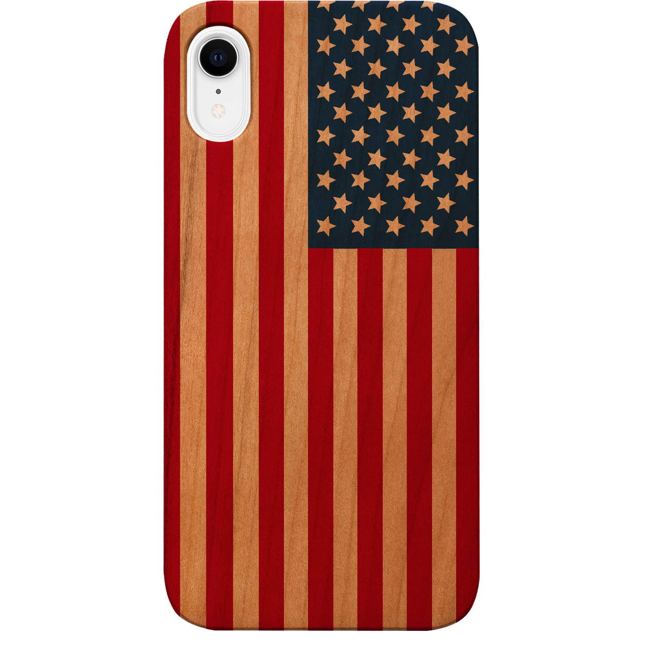 Flag USA UV Color Printed phone case showcasing vibrant design and natural wood finish.