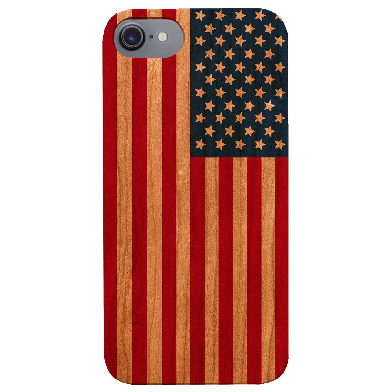 Flag USA UV Color Printed phone case showcasing vibrant design and natural wood finish.