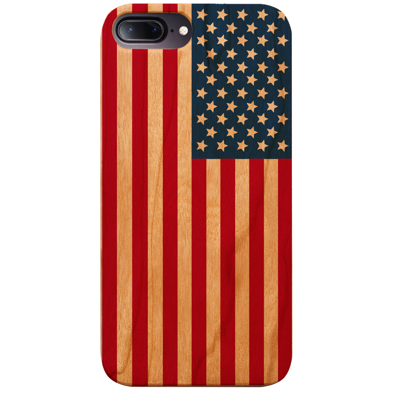 Flag USA UV Color Printed phone case showcasing vibrant design and natural wood finish.