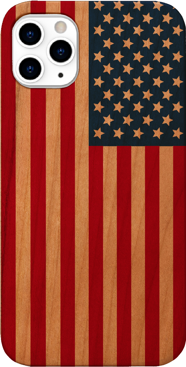 Flag USA UV Color Printed phone case showcasing vibrant design and natural wood finish.