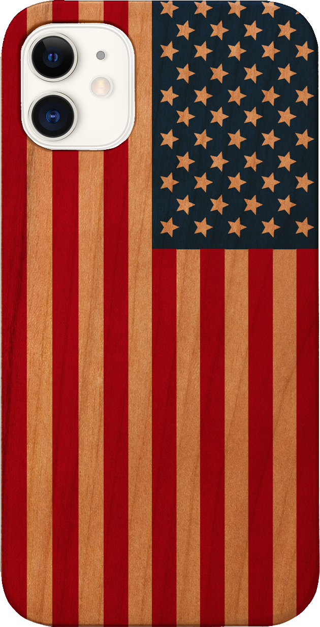 Flag USA UV Color Printed phone case showcasing vibrant design and natural wood finish.