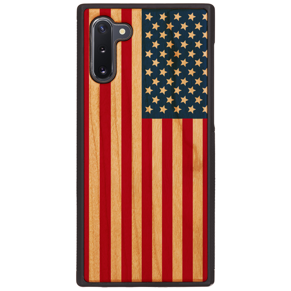 Flag USA UV Color Printed phone case showcasing vibrant design and natural wood finish.