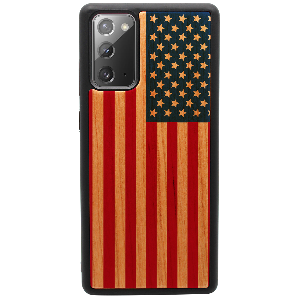 Flag USA UV Color Printed phone case showcasing vibrant design and natural wood finish.