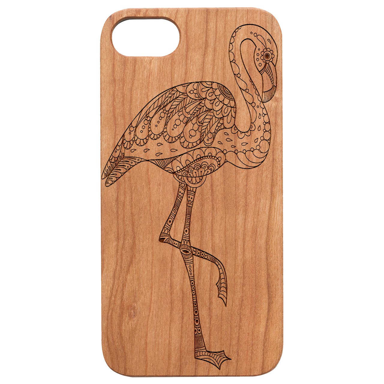 Flamingo Mandala - Engraved wooden phone case showcasing intricate design and durable construction.