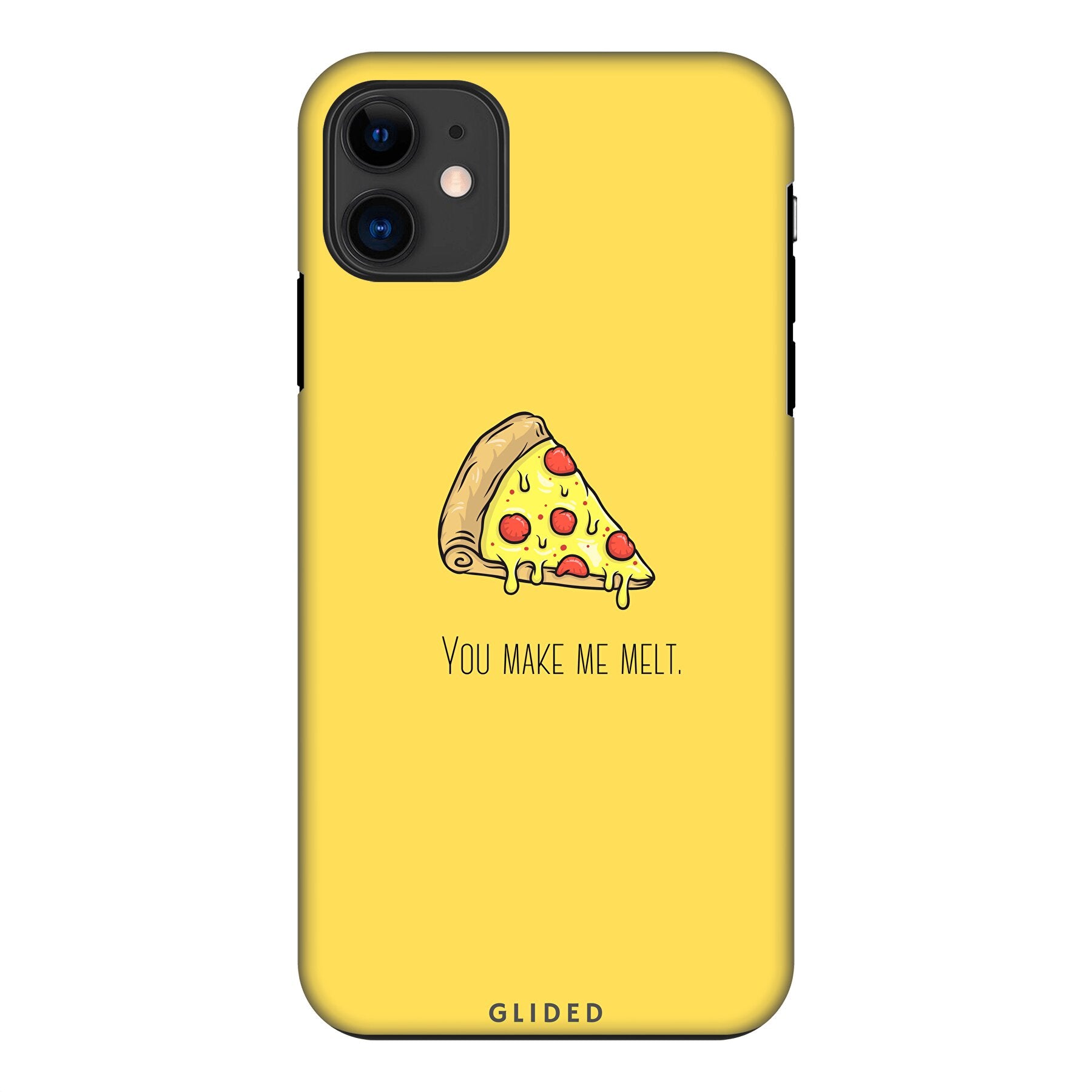 Flirty Pizza iPhone 11 Handyhülle mit einem appetitlichen Pizza-Motiv und dem Spruch 'You make me melt' in fröhlichen Farben.