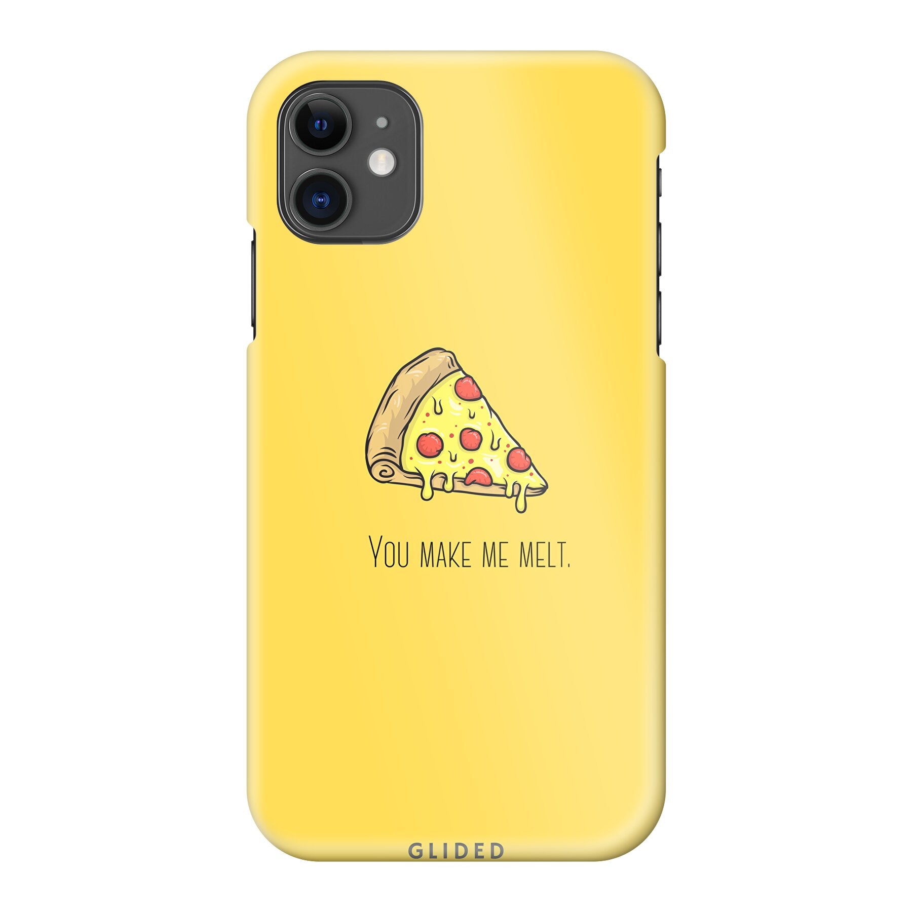 Flirty Pizza iPhone 11 Handyhülle mit einem appetitlichen Pizza-Motiv und dem Spruch 'You make me melt' in fröhlichen Farben.