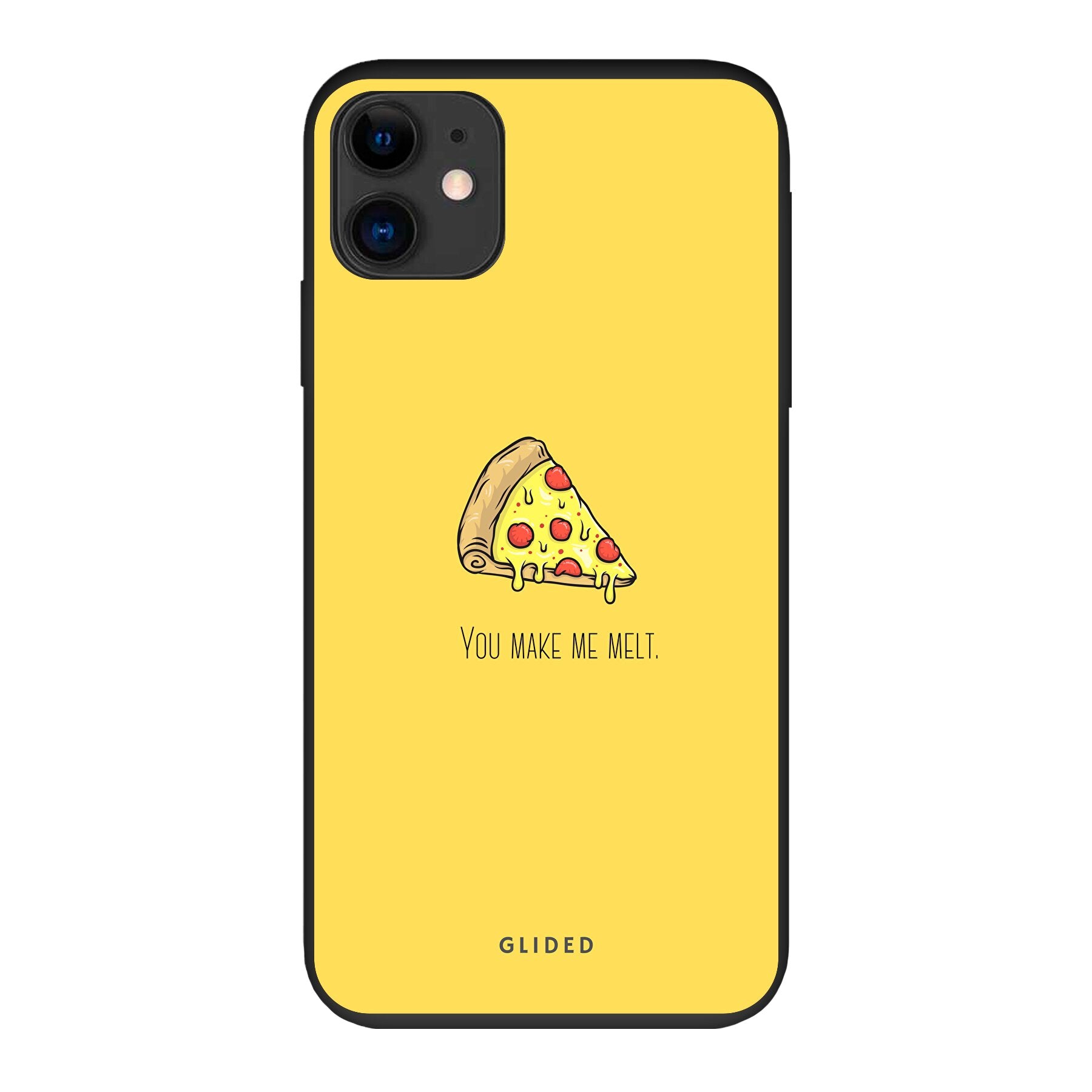 Flirty Pizza iPhone 11 Handyhülle mit einem appetitlichen Pizza-Motiv und dem Spruch 'You make me melt' in fröhlichen Farben.