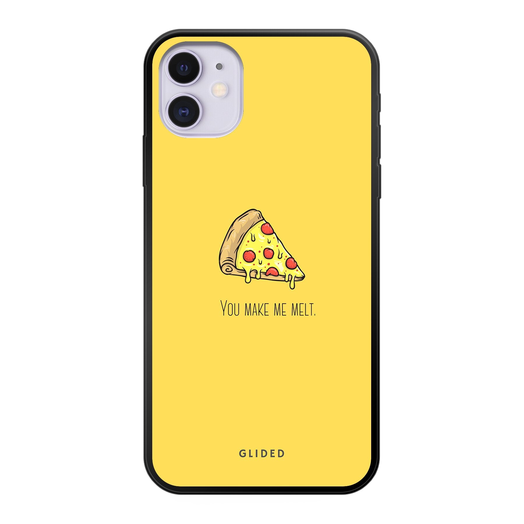 Flirty Pizza iPhone 11 Handyhülle mit einem appetitlichen Pizza-Motiv und dem Spruch 'You make me melt' in fröhlichen Farben.