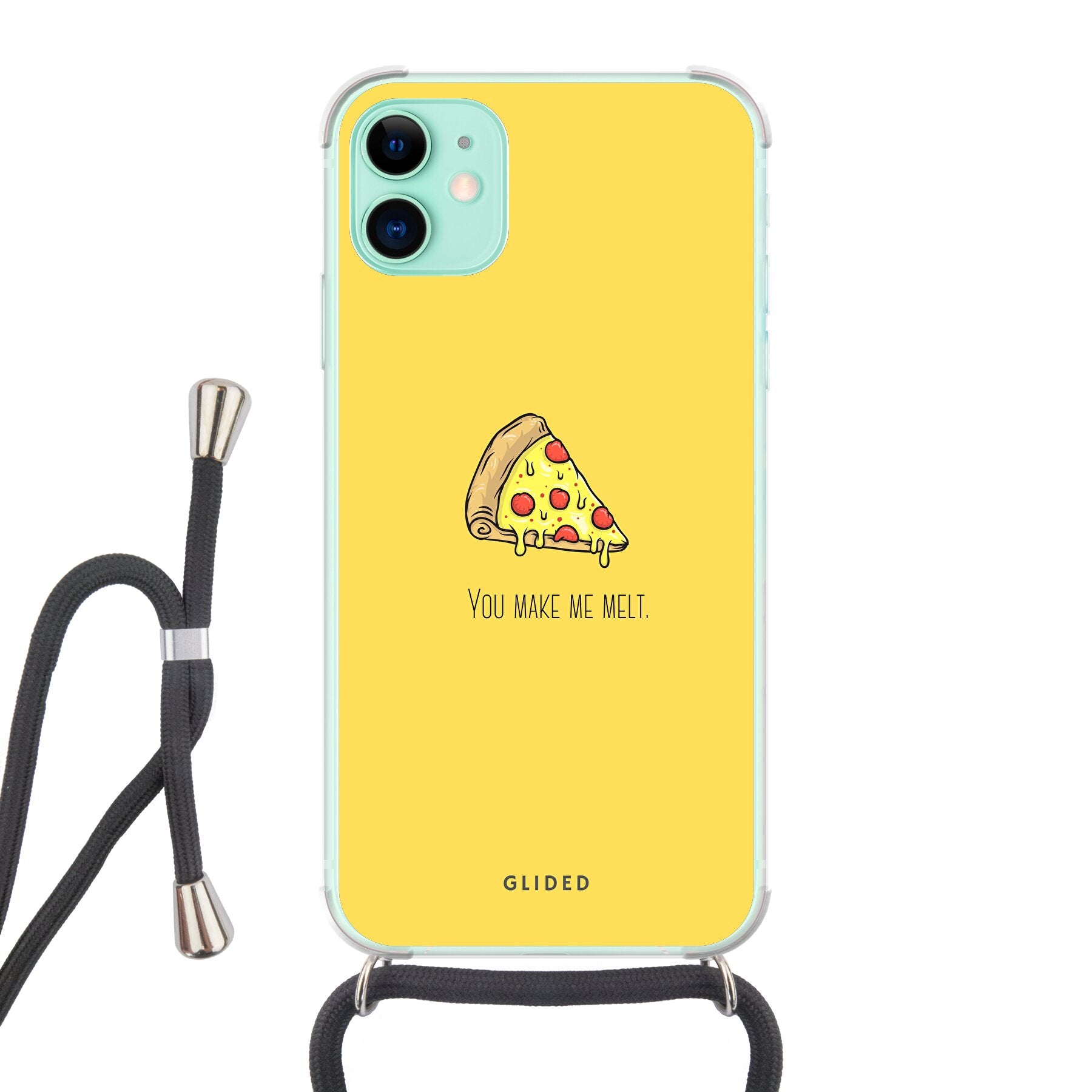 Flirty Pizza iPhone 11 Handyhülle mit einem appetitlichen Pizza-Motiv und dem Spruch 'You make me melt' in fröhlichen Farben.