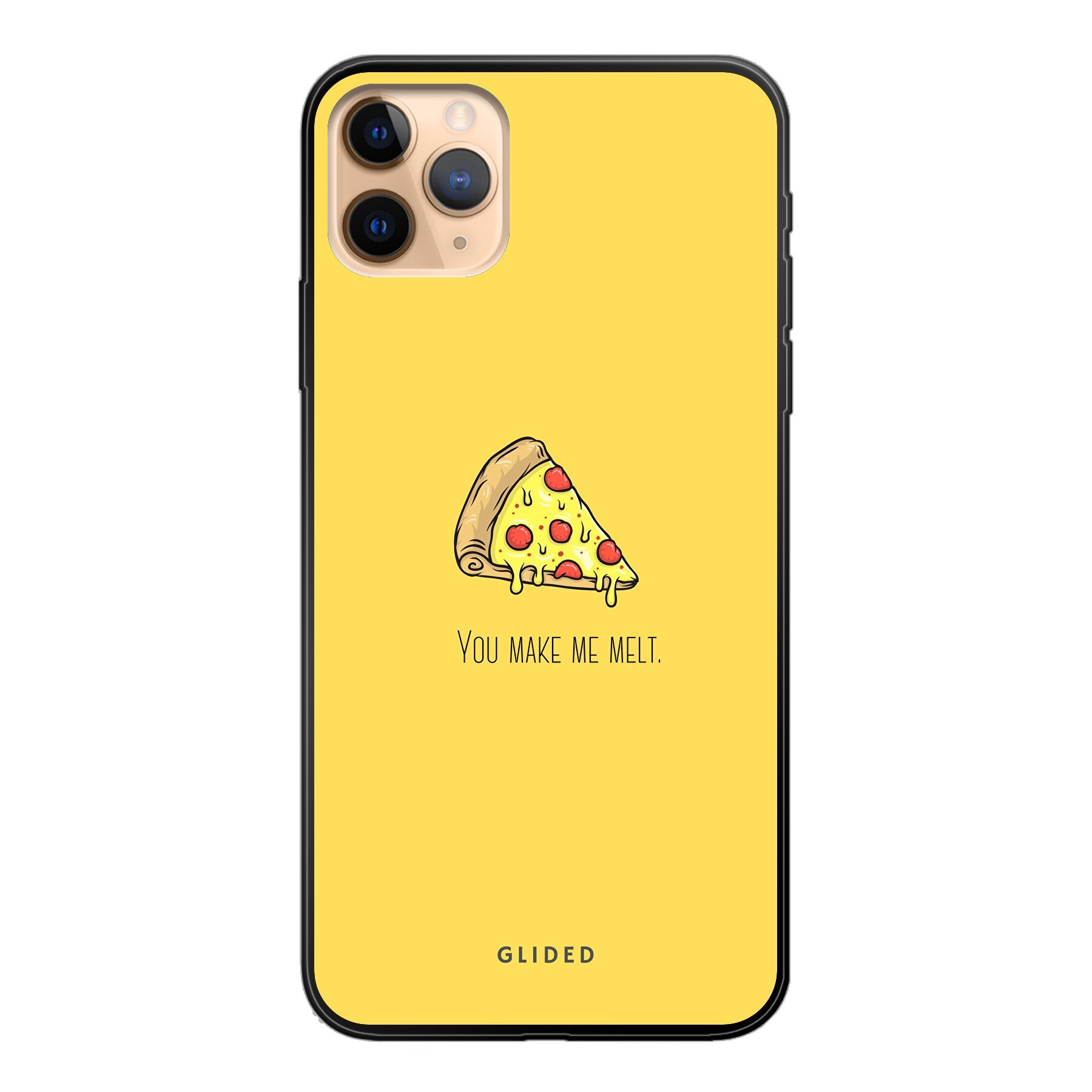 Flirty Pizza Handyhülle für iPhone 11 Pro Max mit einem appetitlichen Pizza-Design und dem Spruch 'You make me melt'.