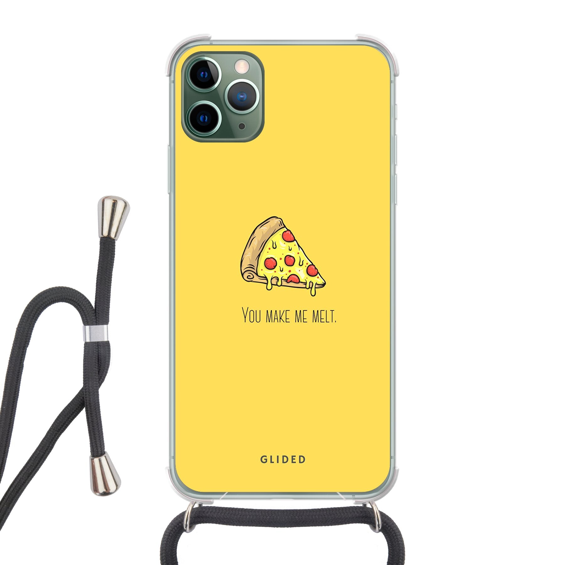 Flirty Pizza Handyhülle für iPhone 11 Pro Max mit einem appetitlichen Pizza-Design und dem Spruch 'You make me melt'.