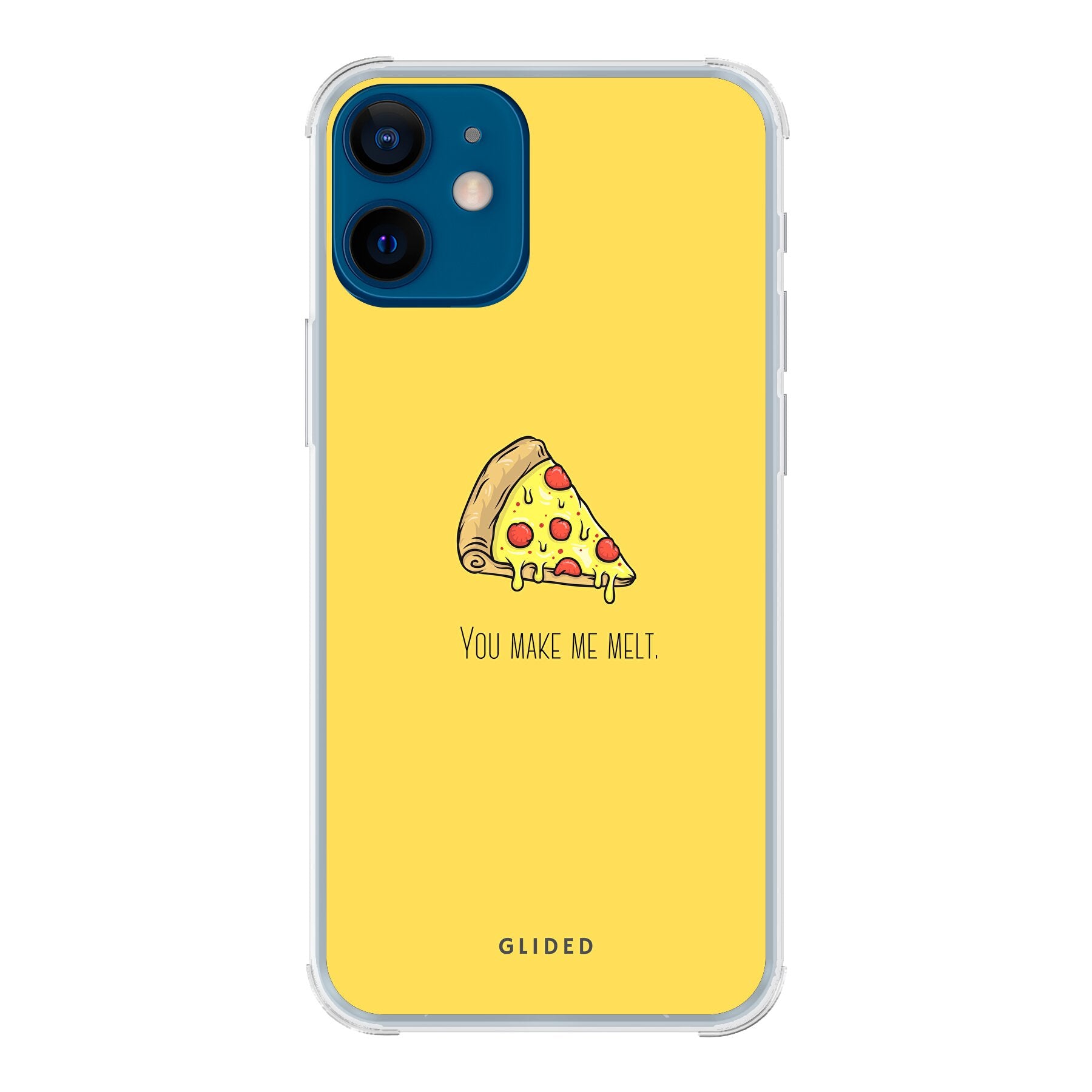 Flirty Pizza iPhone 12 mini Handyhülle mit einem appetitlichen Pizza-Design und dem Spruch 'You make me melt'.