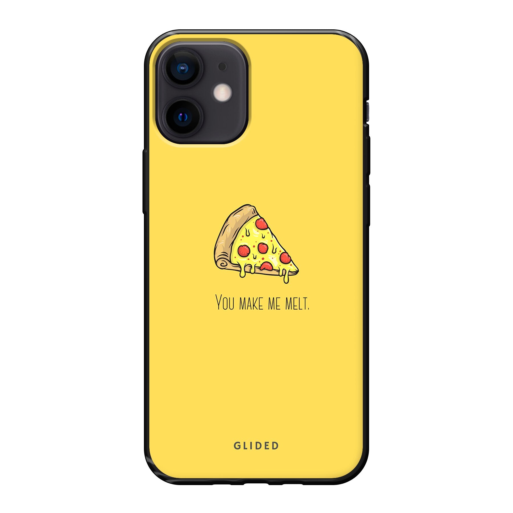 Flirty Pizza iPhone 12 mini Handyhülle mit einem appetitlichen Pizza-Design und dem Spruch 'You make me melt'.