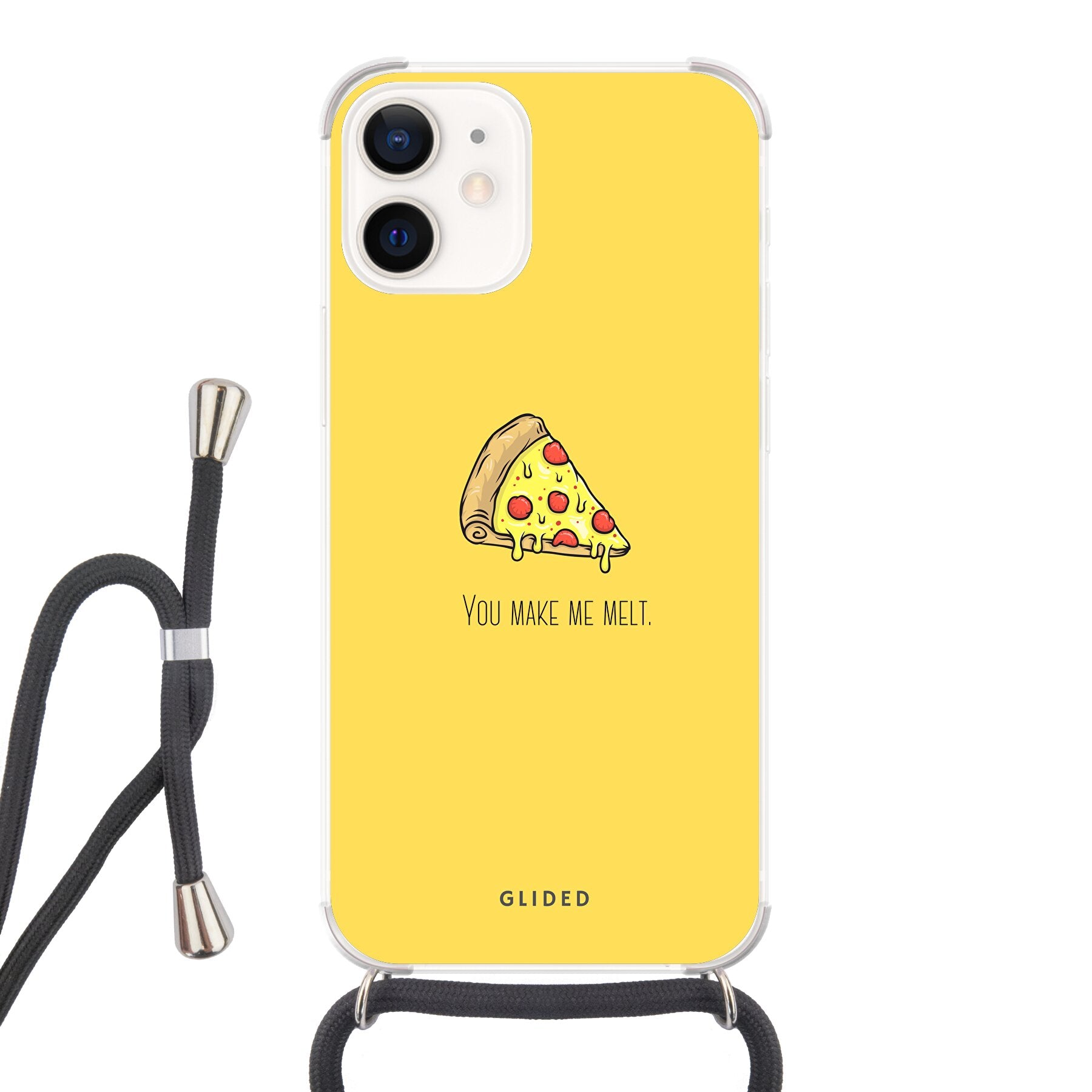 Flirty Pizza iPhone 12 mini Handyhülle mit einem appetitlichen Pizza-Design und dem Spruch 'You make me melt'.