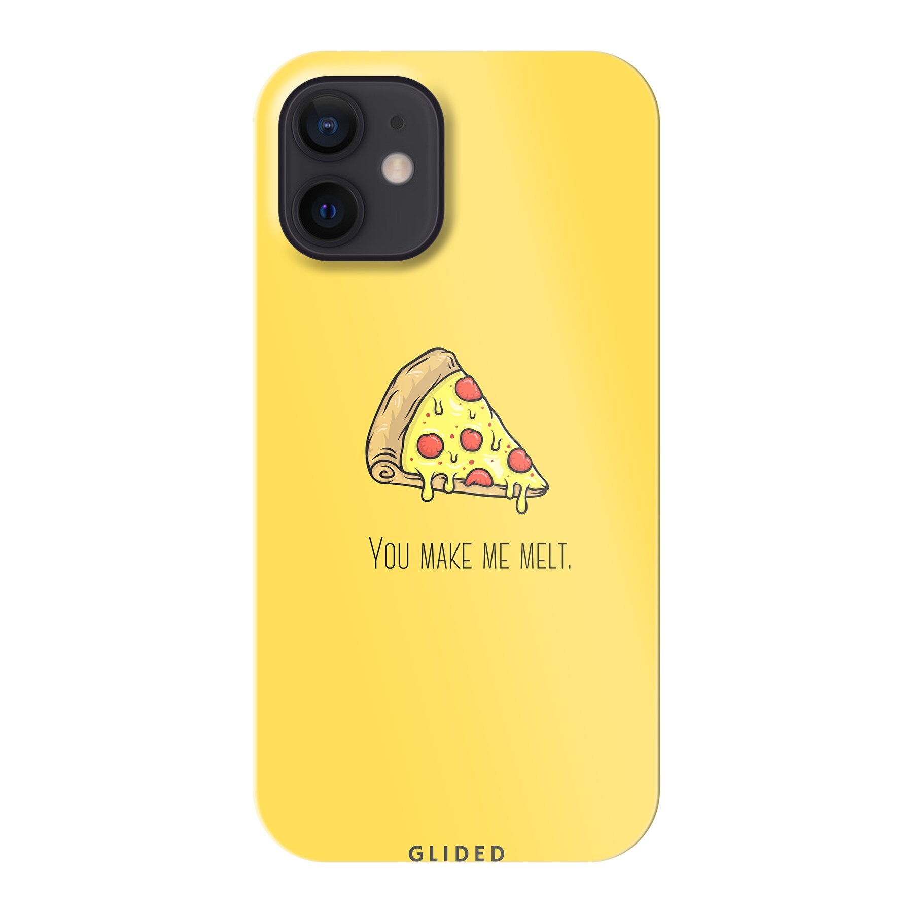 Flirty Pizza iPhone 12 mini Handyhülle mit einem appetitlichen Pizza-Design und dem Spruch 'You make me melt'.