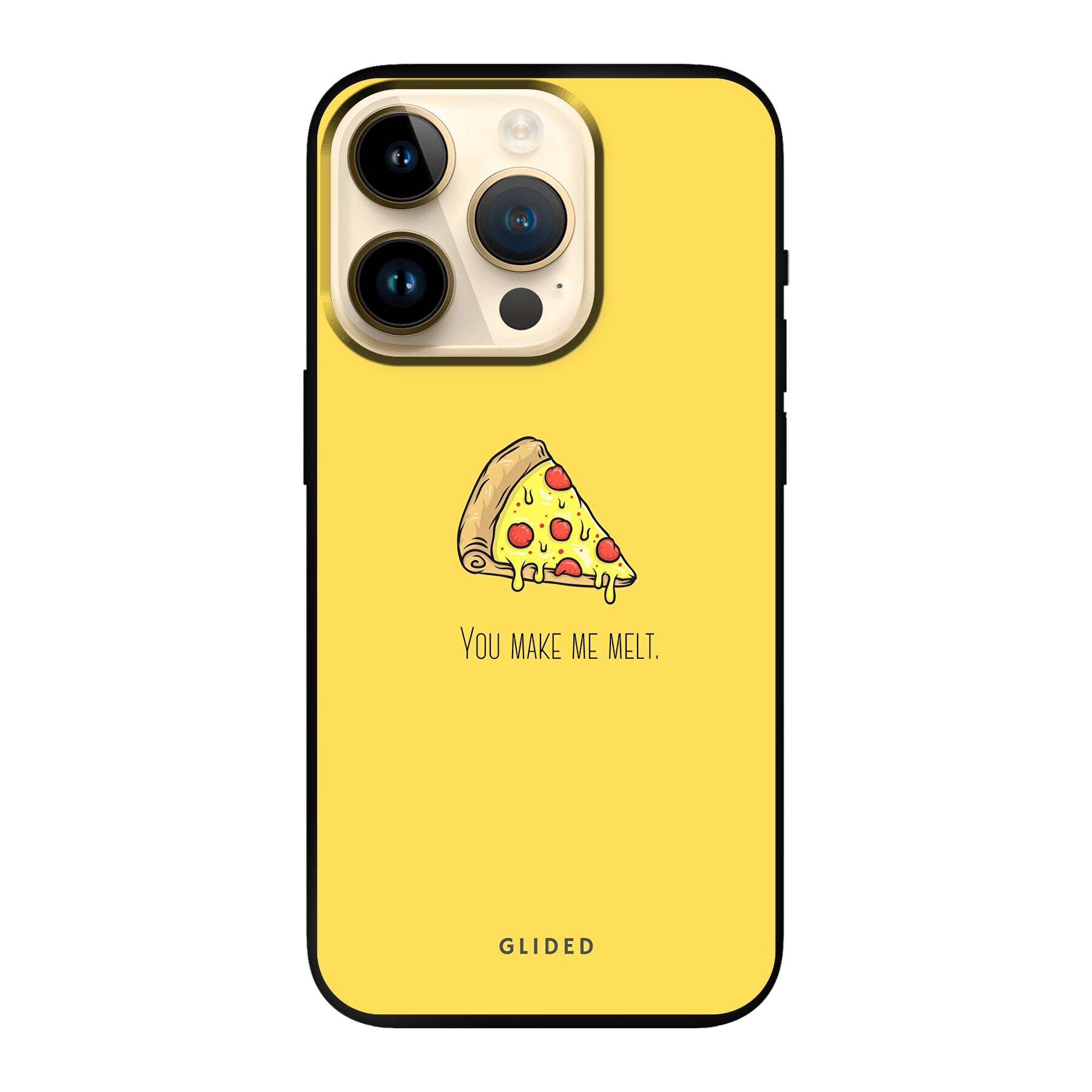 Flirty Pizza iPhone 14 Pro Handyhülle mit einem appetitlichen Pizza-Motiv und dem Spruch 'You make me melt'.