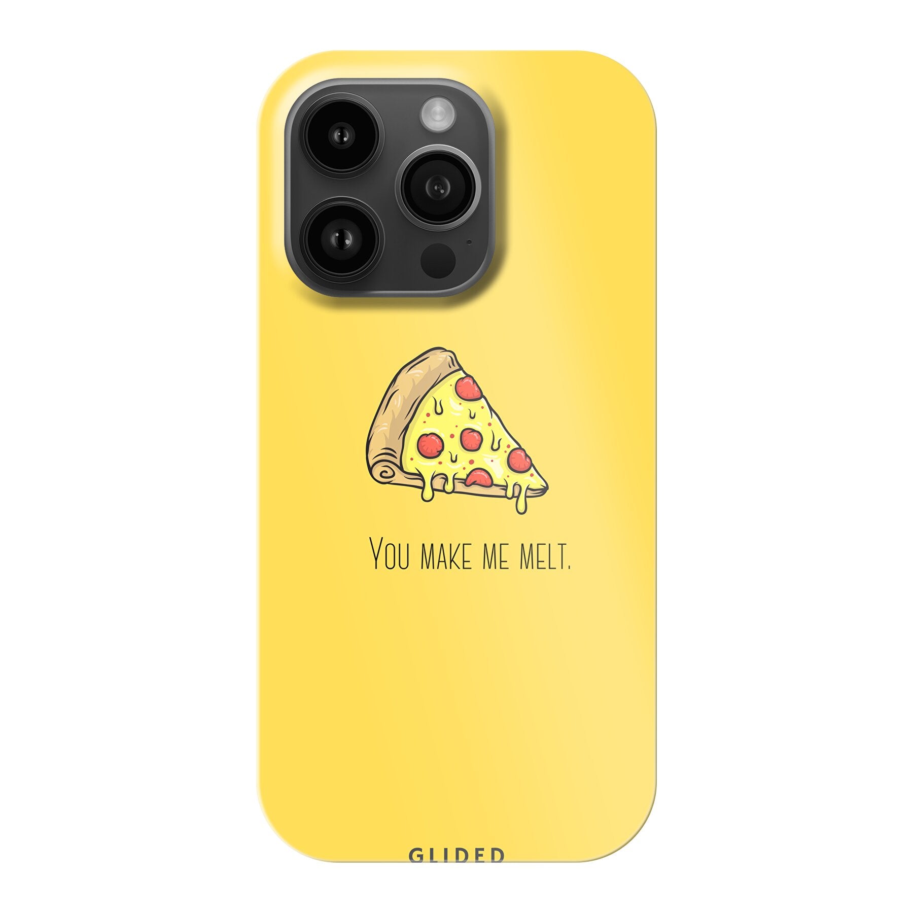 Flirty Pizza iPhone 14 Pro Handyhülle mit einem appetitlichen Pizza-Motiv und dem Spruch 'You make me melt'.