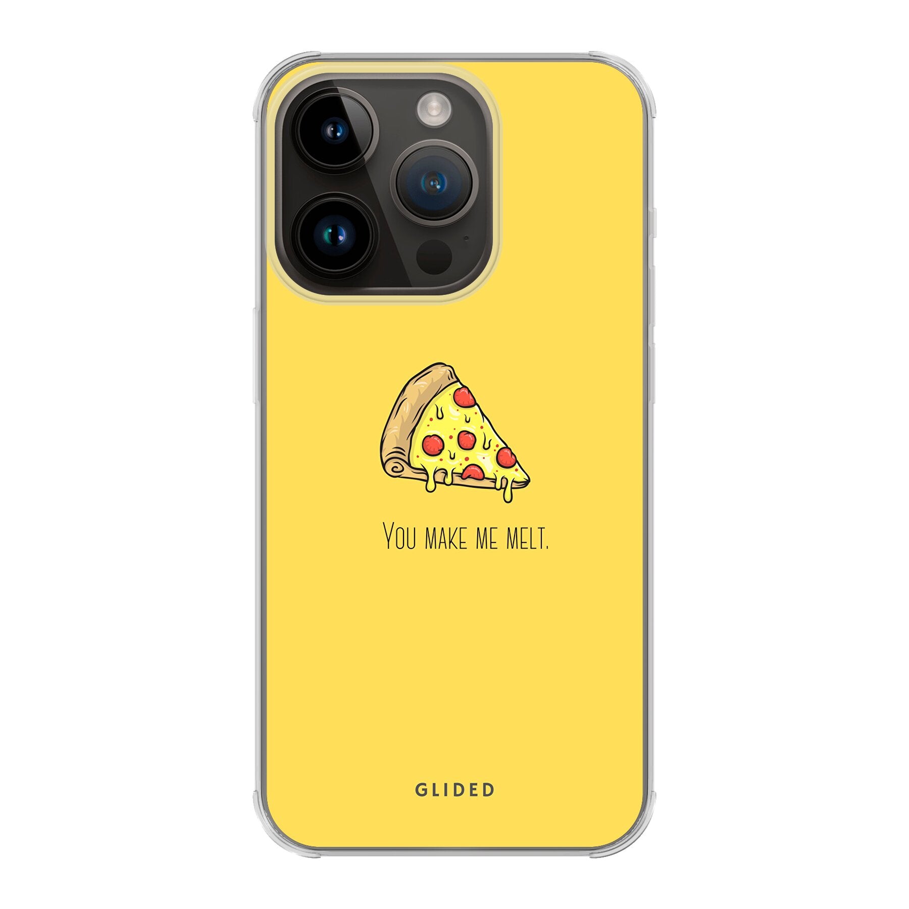 Flirty Pizza iPhone 14 Pro Handyhülle mit einem appetitlichen Pizza-Motiv und dem Spruch 'You make me melt'.