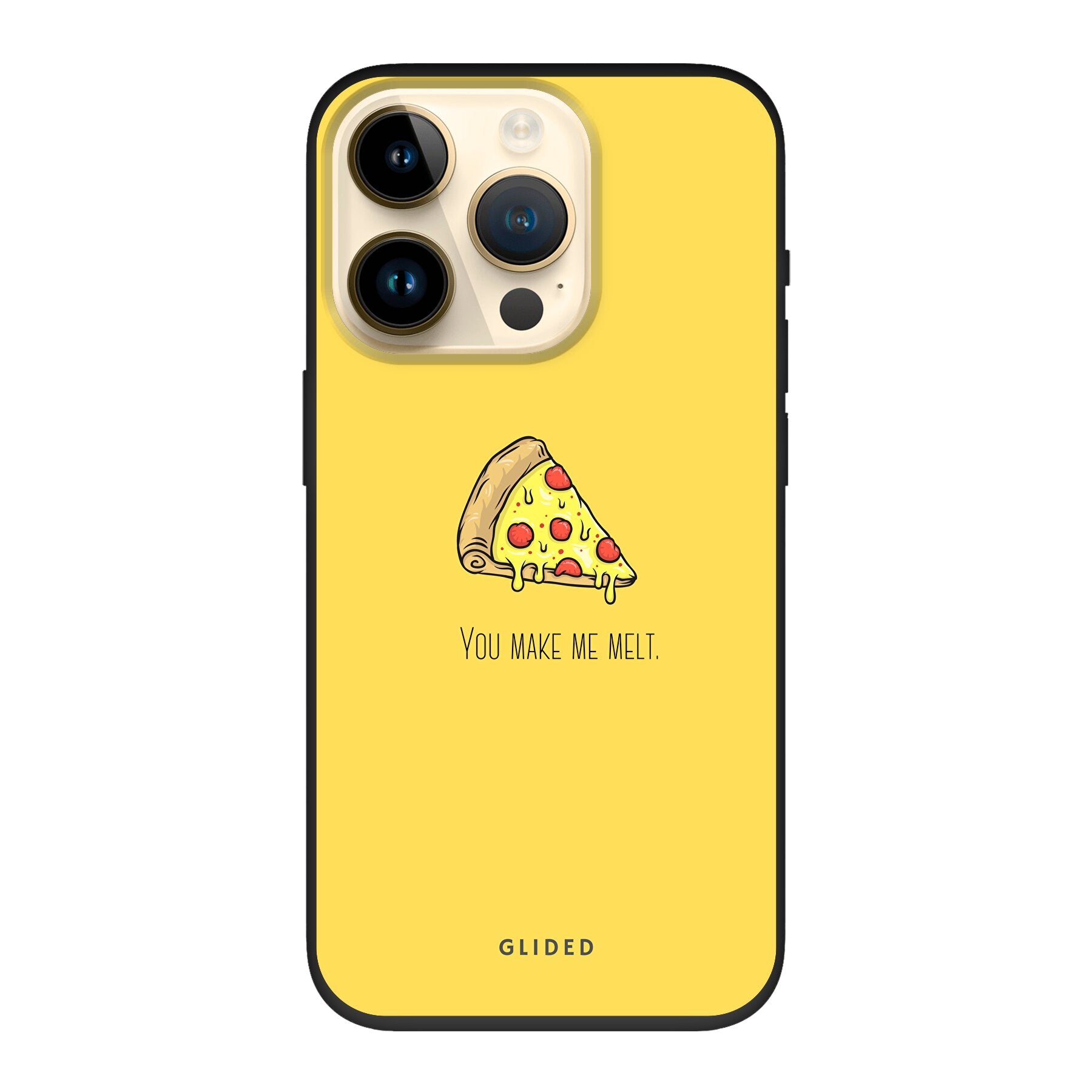 Flirty Pizza iPhone 14 Pro Handyhülle mit einem appetitlichen Pizza-Motiv und dem Spruch 'You make me melt'.