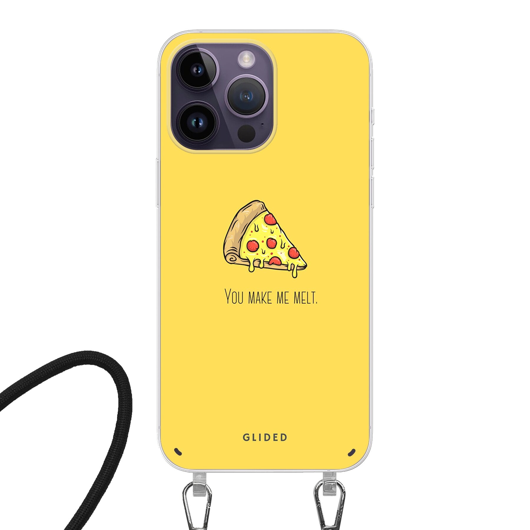 Flirty Pizza iPhone 14 Pro Handyhülle mit einem appetitlichen Pizza-Motiv und dem Spruch 'You make me melt'.