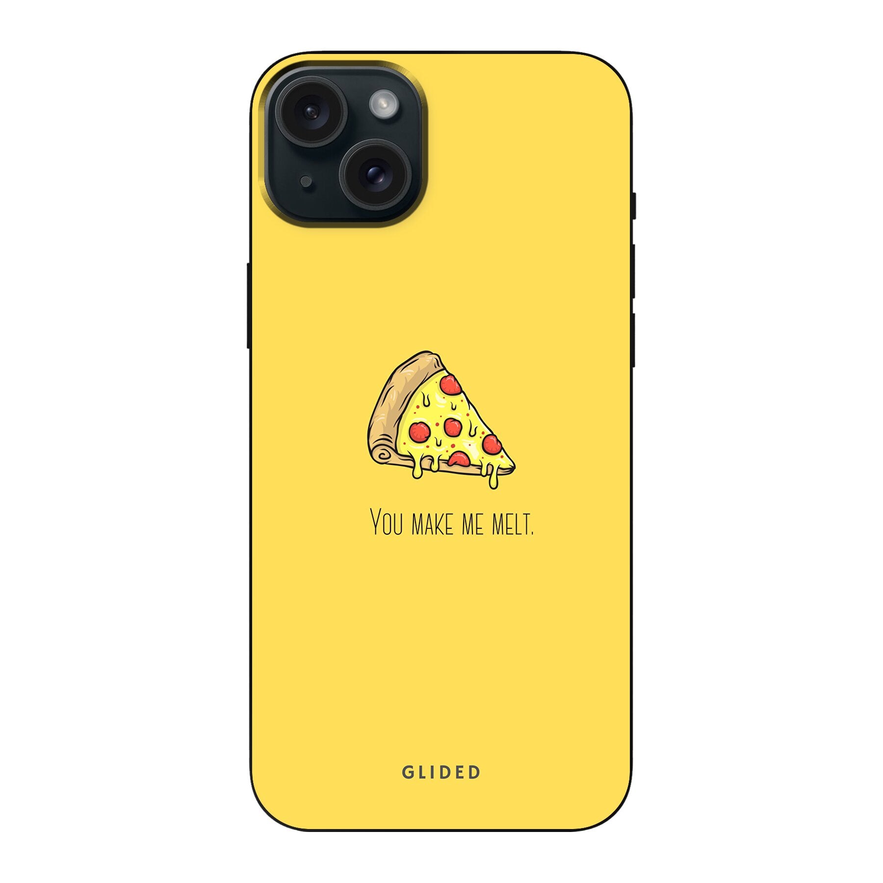 Flirty Pizza iPhone 15 Plus Handyhülle mit einem appetitlichen Pizza-Design und dem Text 'You make me melt'.